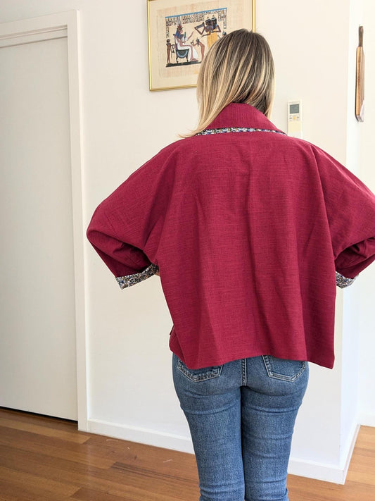 Handmade Burgundy Linen Kimono Jacket – Oversized Blazer | Size S/M