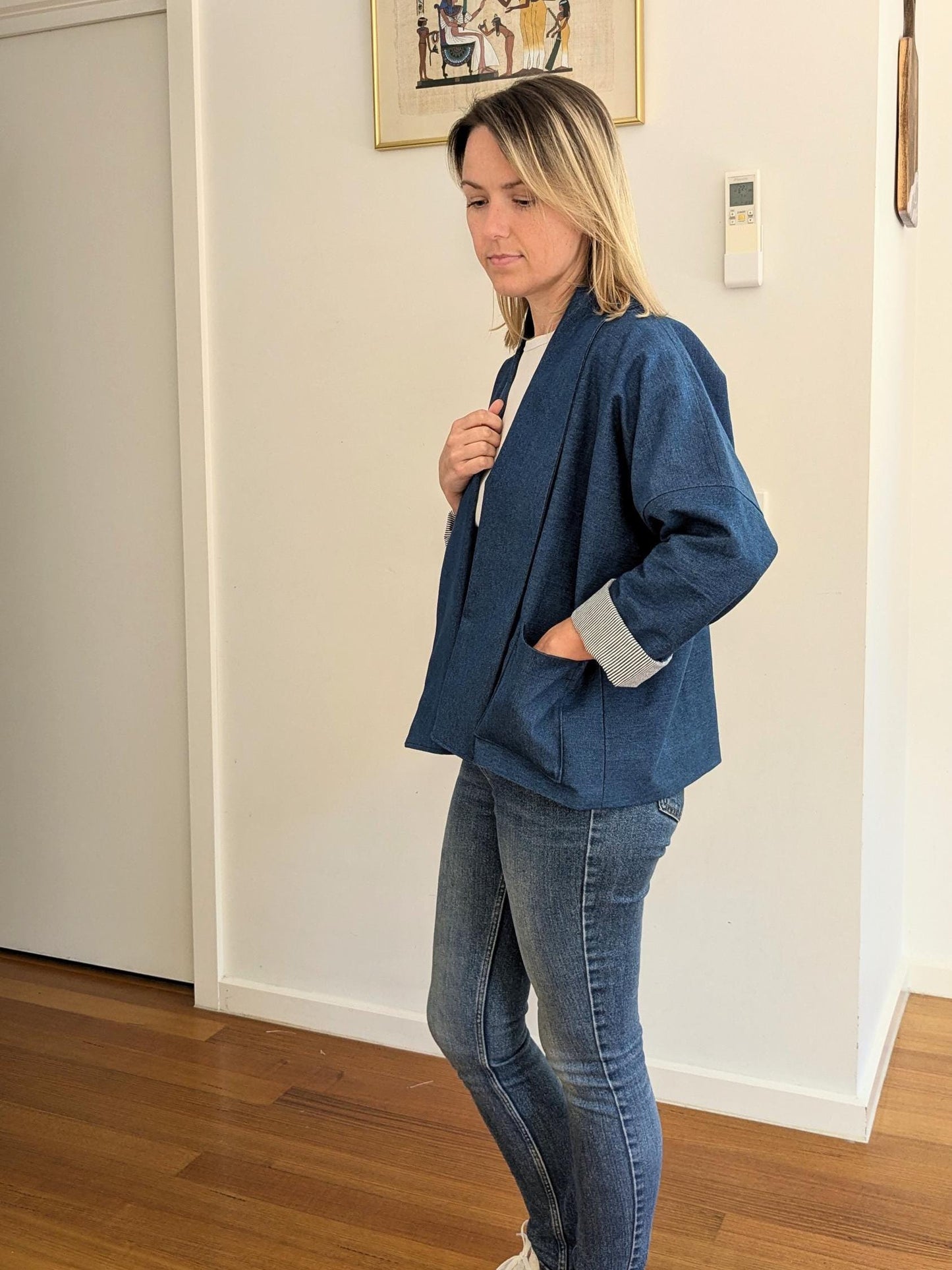 Blue Denim Boxy Blazer – Handmade Oversized Cotton Jacket – Lined Lightweight Coat – Relaxed Kimono-Style Statement Layer – Size S/M