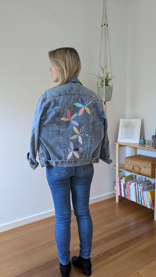 Upcycled Blue Denim Jacket with Patchwork & Embroidered Flowers | Size 10 (AU)