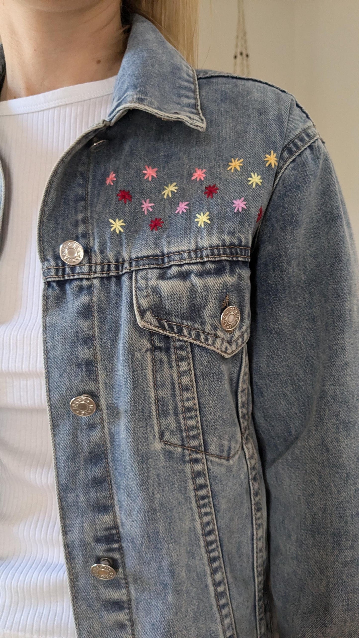 Upcycled Blue Denim Jacket with Patchwork & Embroidered Flowers | Size 10 (AU)