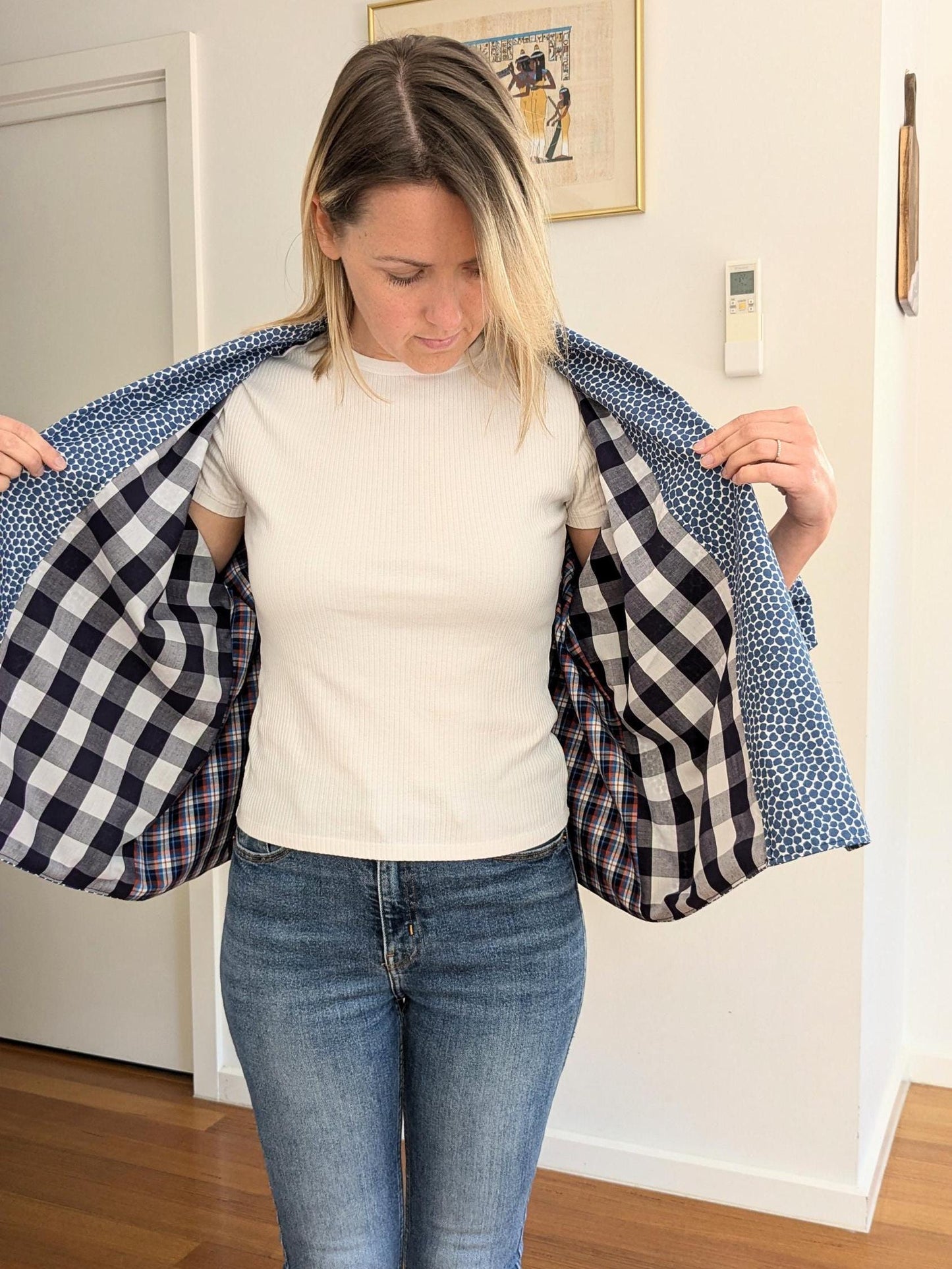 Spotted Blue Patchwork Kimono Blazer – Handmade Oversized Cotton & Denim Jacket | Size S/M