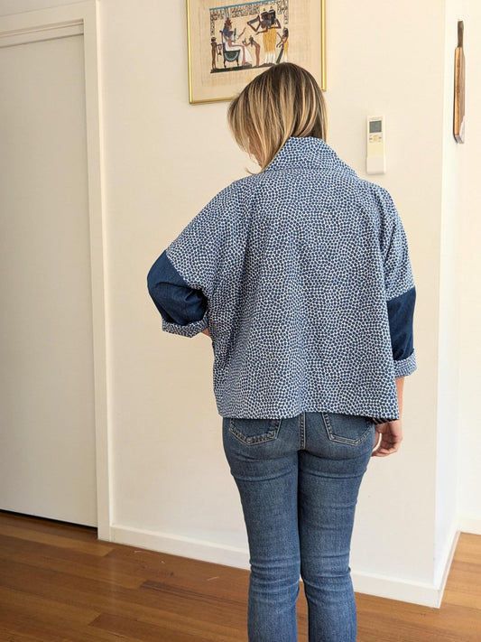 Spotted Blue Patchwork Kimono Blazer – Handmade Oversized Cotton & Denim Jacket | Size S/M