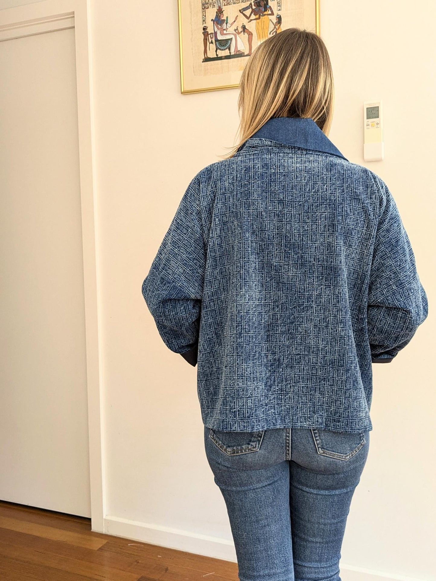 Blue Cotton Kimono-Style Blazer – Handmade Oversized Jacket with Denim Collar | Lightweight Layer | Size S/M