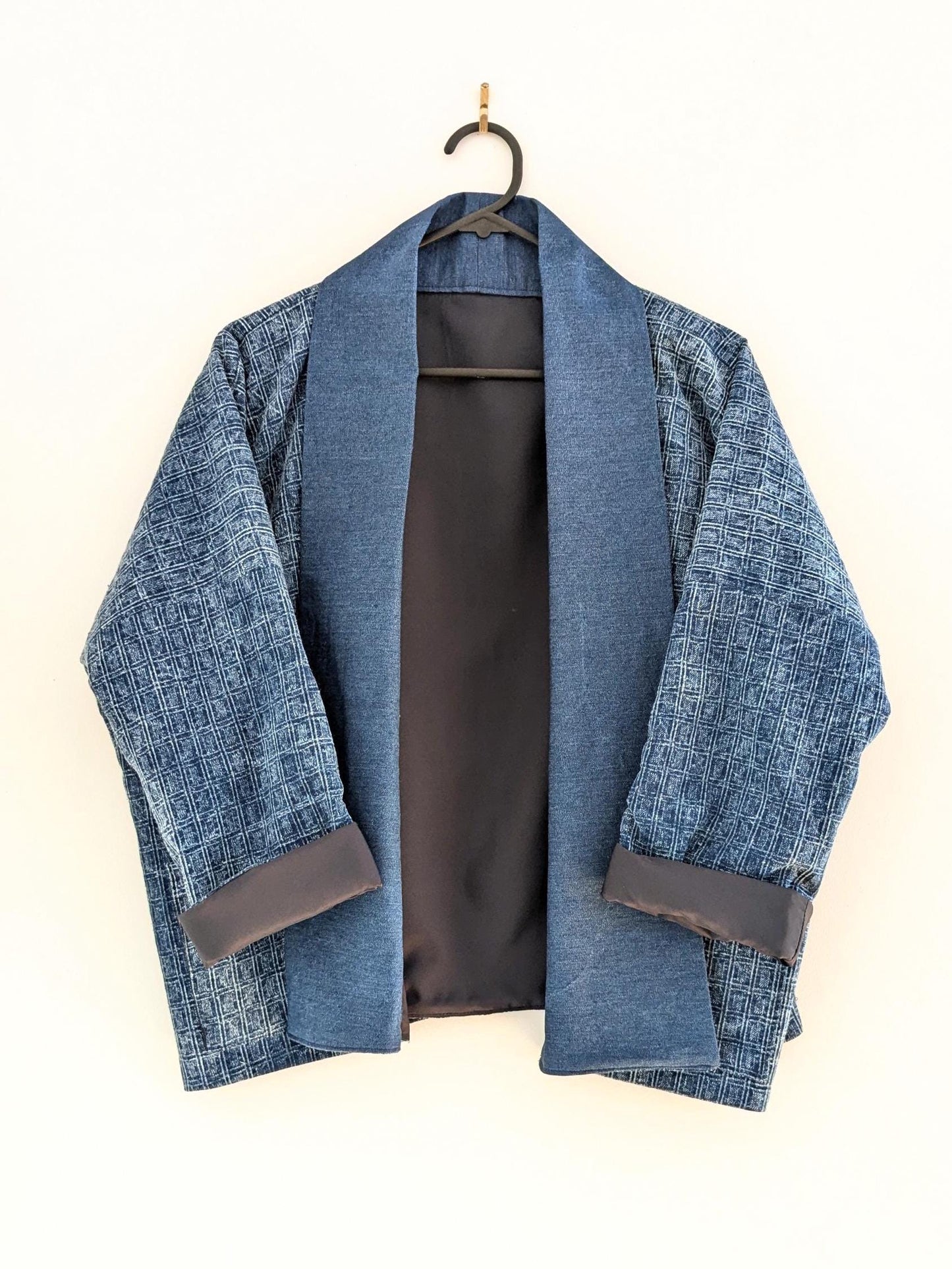 Blue Cotton Kimono-Style Blazer – Handmade Oversized Jacket with Denim Collar | Lightweight Layer | Size S/M