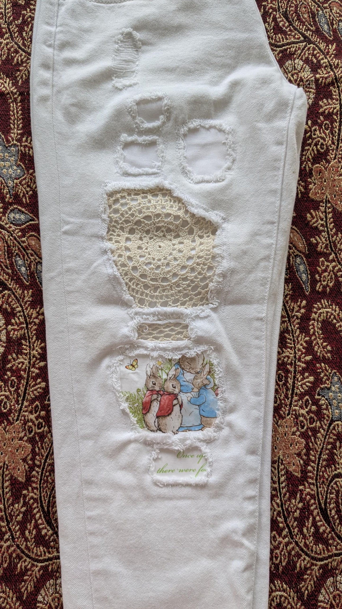 White Mid-Rise Jeans with Colourful Patches & Doily | Size 8 (AU), Petite Fit