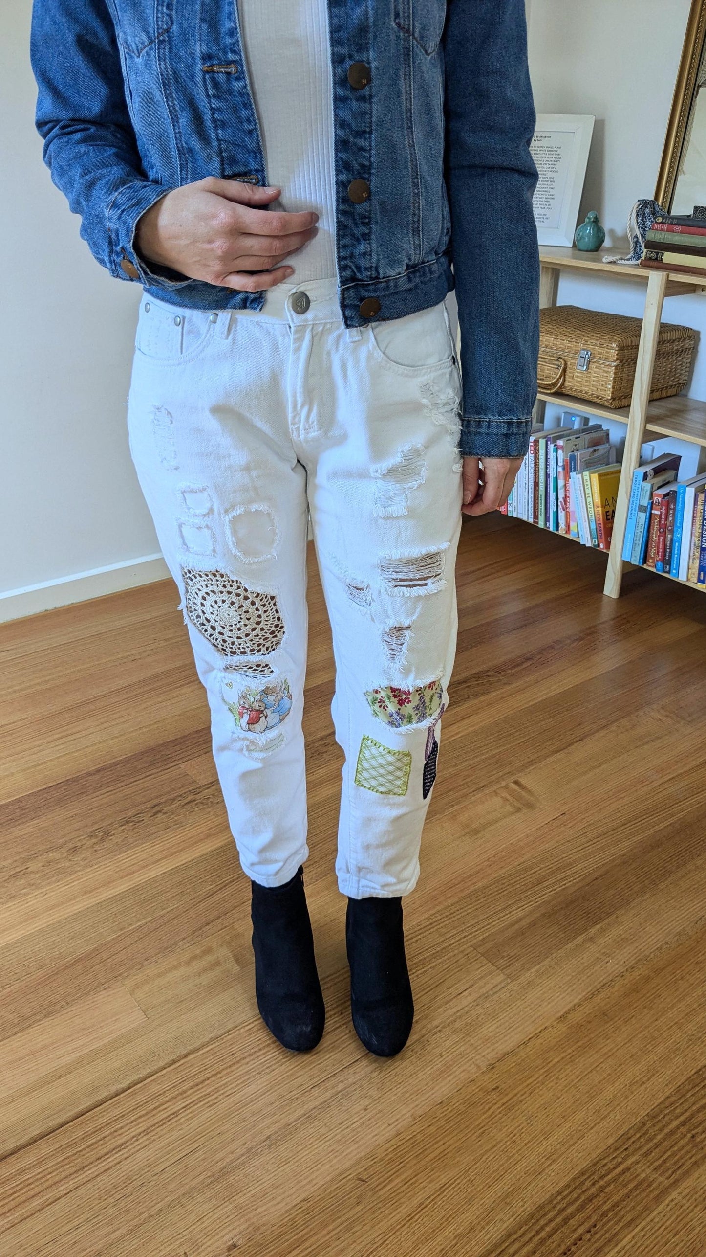 White Mid-Rise Jeans with Colourful Patches & Doily | Size 8 (AU), Petite Fit