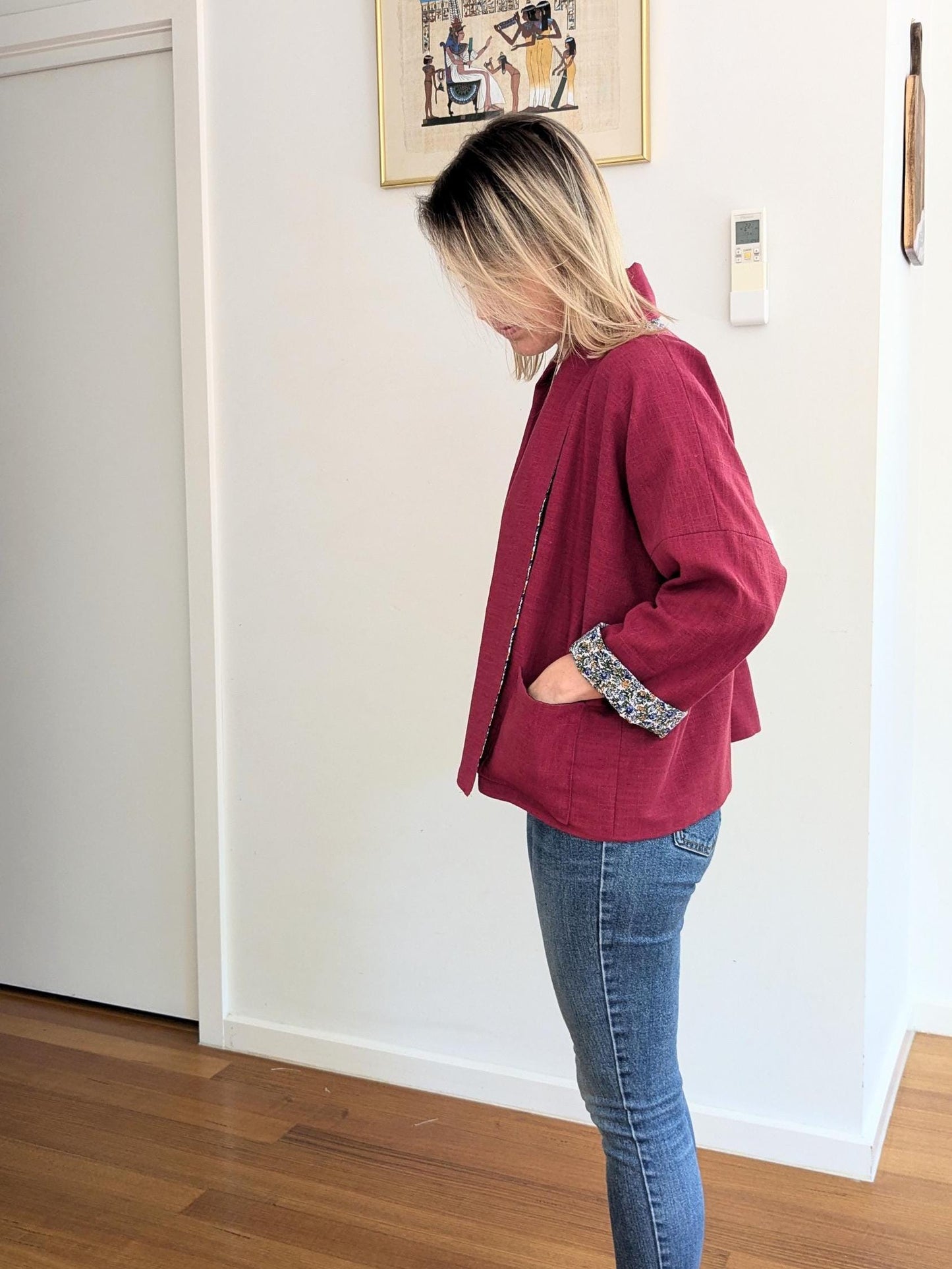 Handmade Burgundy Linen Kimono Jacket – Oversized Blazer | Size S/M