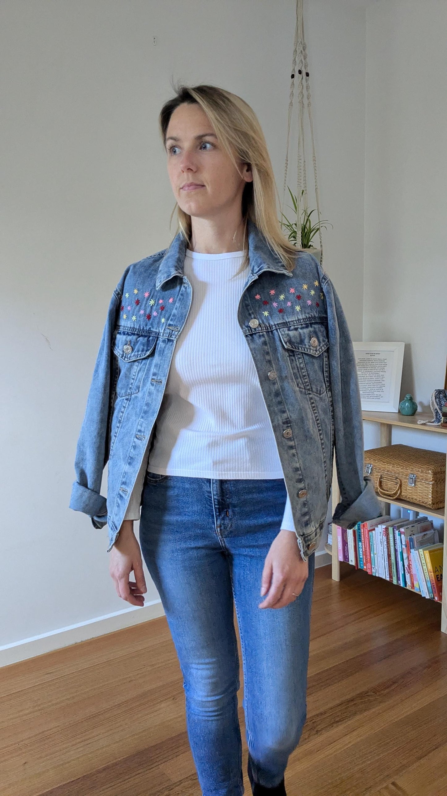 Upcycled Blue Denim Jacket with Patchwork & Embroidered Flowers | Size 10 (AU)