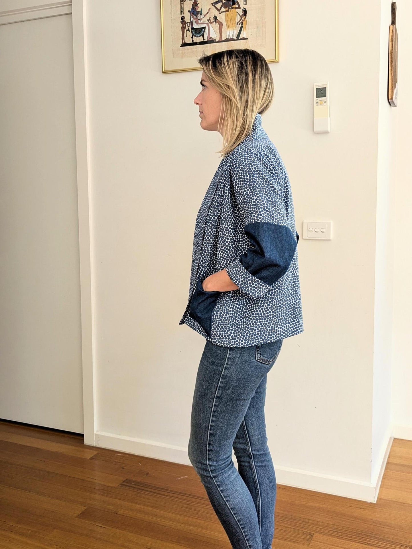 Spotted Blue Patchwork Kimono Blazer – Handmade Oversized Cotton & Denim Jacket | Size S/M