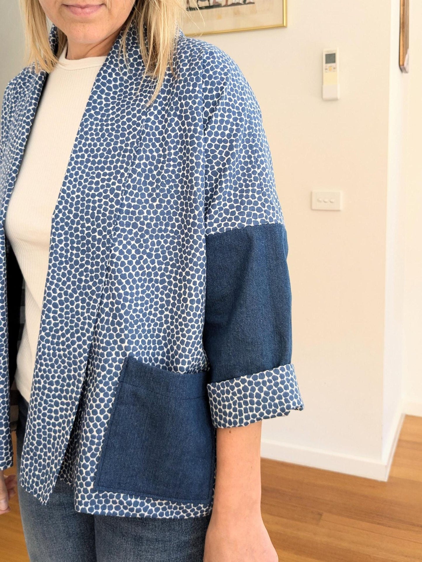 Spotted Blue Patchwork Kimono Blazer – Handmade Oversized Cotton & Denim Jacket | Size S/M
