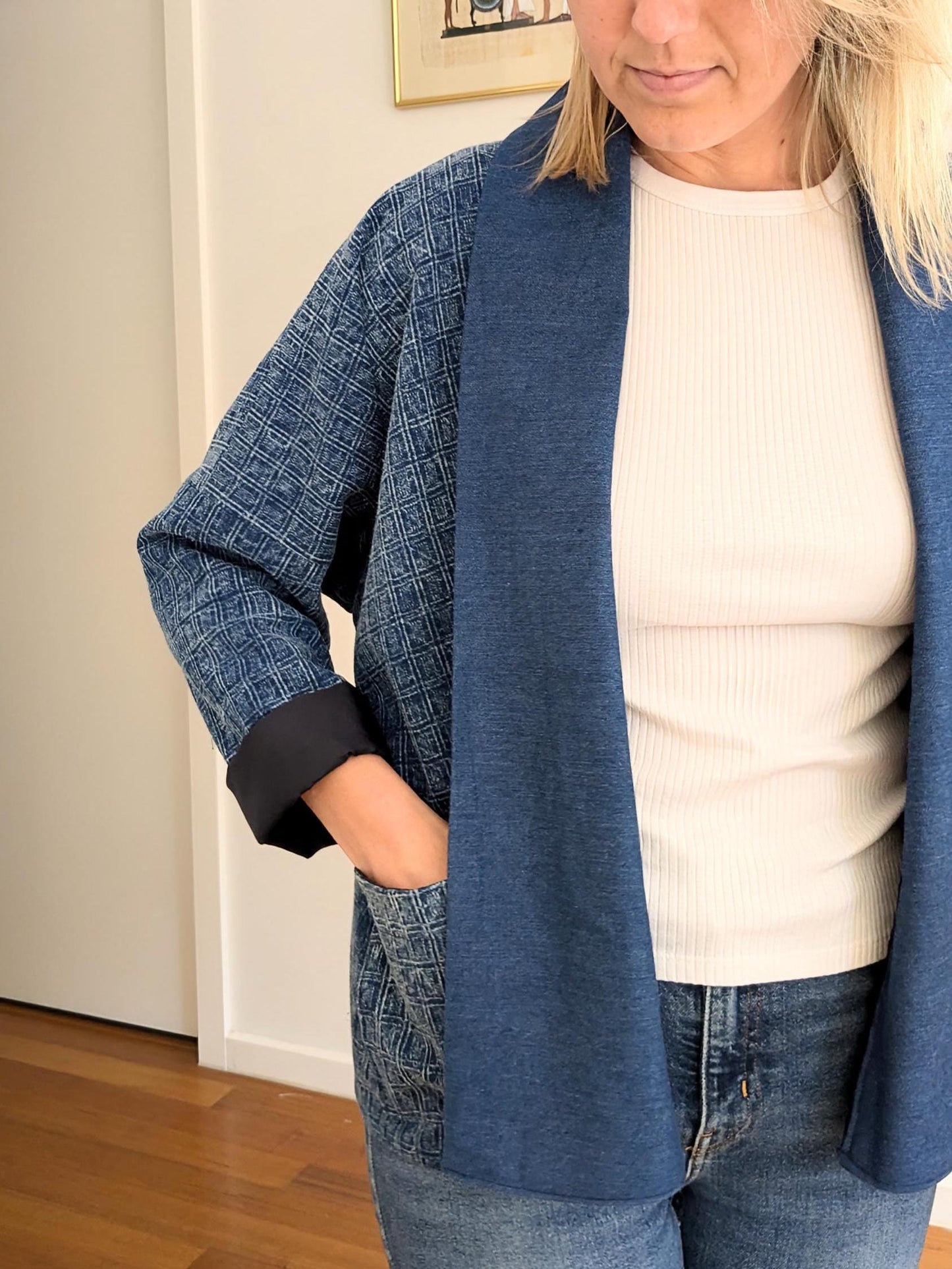 Blue Cotton Kimono-Style Blazer – Handmade Oversized Jacket with Denim Collar | Lightweight Layer | Size S/M