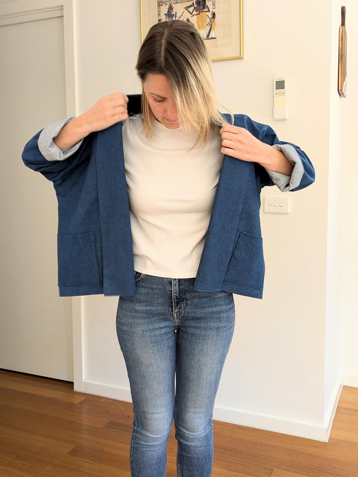 Blue Denim Boxy Blazer – Handmade Oversized Cotton Jacket – Lined Lightweight Coat – Relaxed Kimono-Style Statement Layer – Size S/M