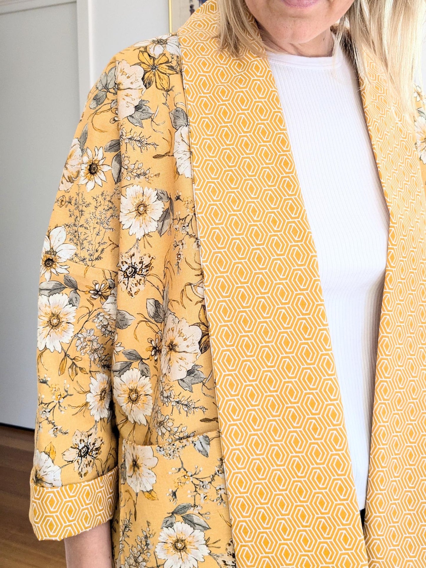 Boho Yellow Floral Kimono Blazer – Handmade Oversized Linen Jacket | Lightweight Lined Coat | Size S/M