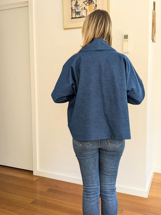 Blue Denim Boxy Blazer – Handmade Oversized Cotton Jacket – Lined Lightweight Coat – Relaxed Kimono-Style Statement Layer – Size S/M