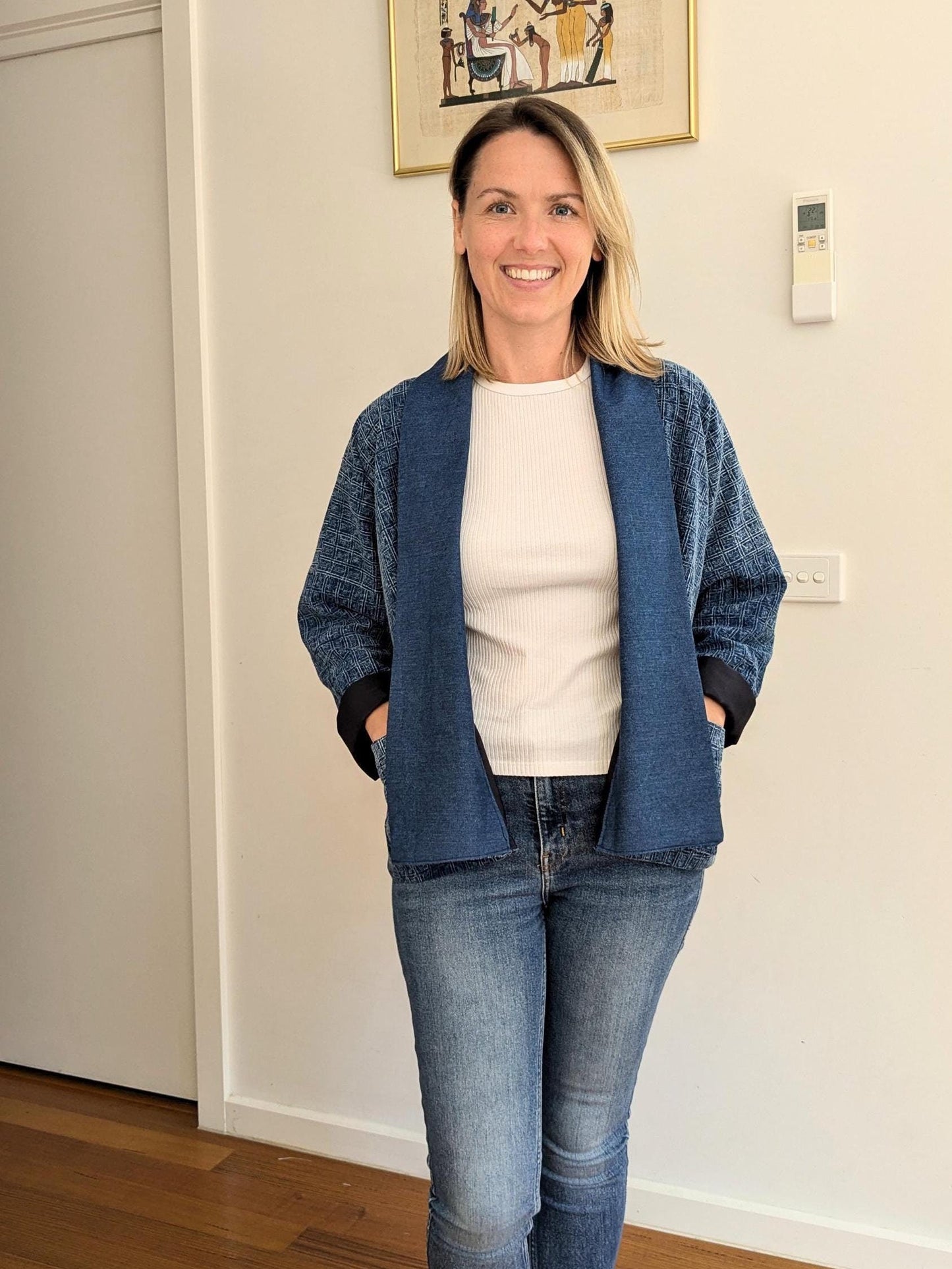 Blue Cotton Kimono-Style Blazer – Handmade Oversized Jacket with Denim Collar | Lightweight Layer | Size S/M