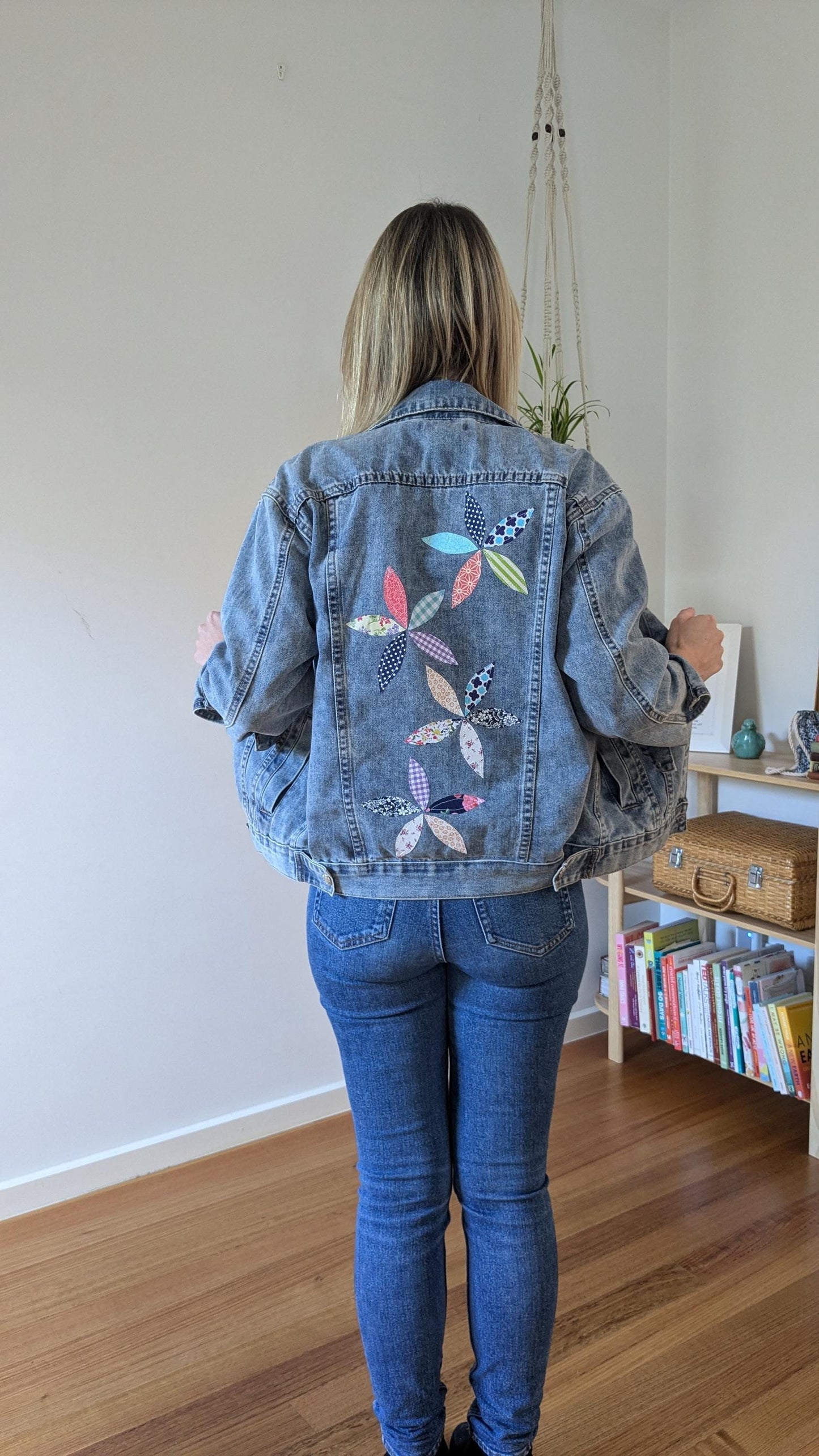 Upcycled Blue Denim Jacket with Patchwork & Embroidered Flowers | Size 10 (AU)