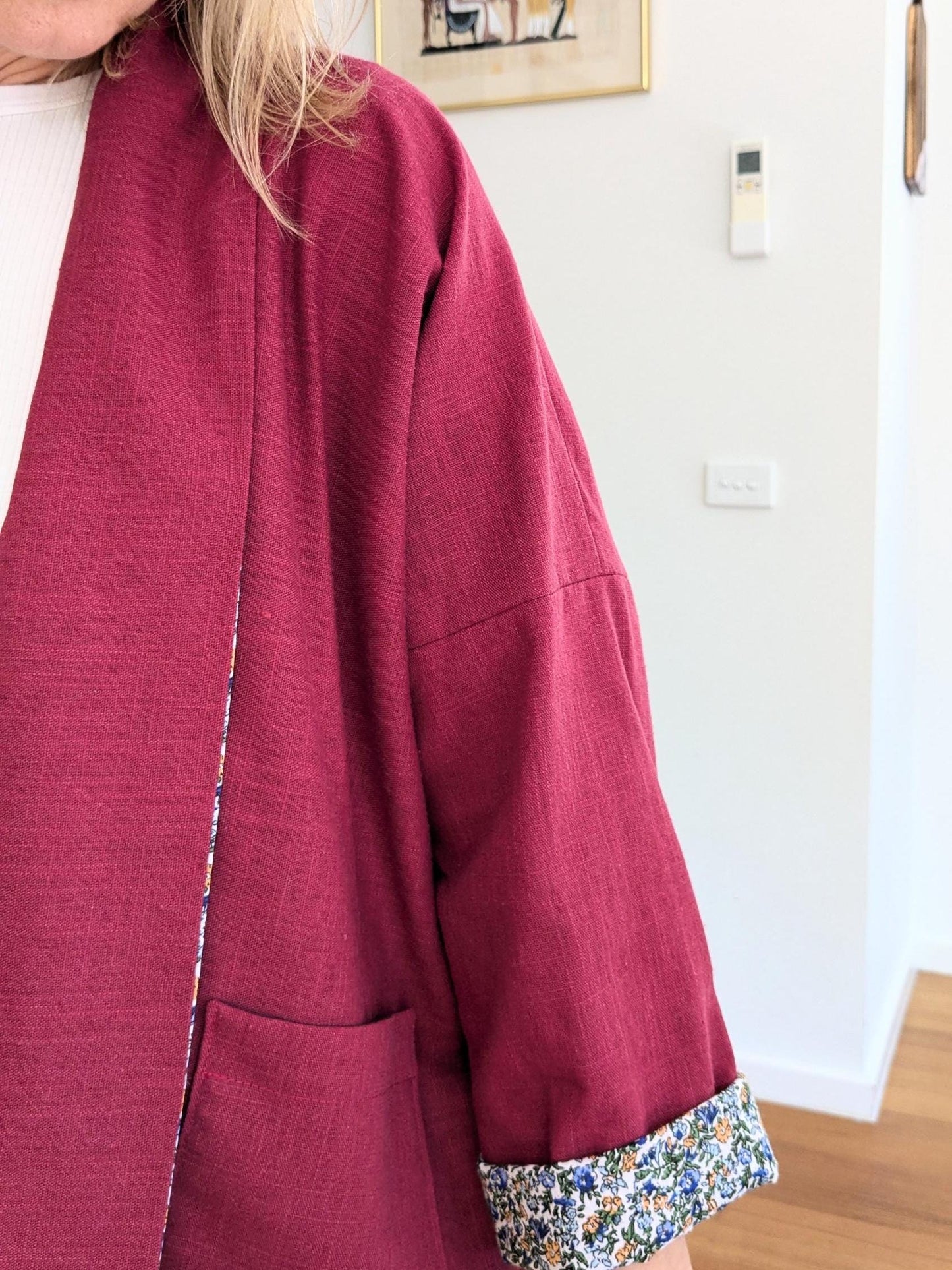 Handmade Burgundy Linen Kimono Jacket – Oversized Blazer | Size S/M