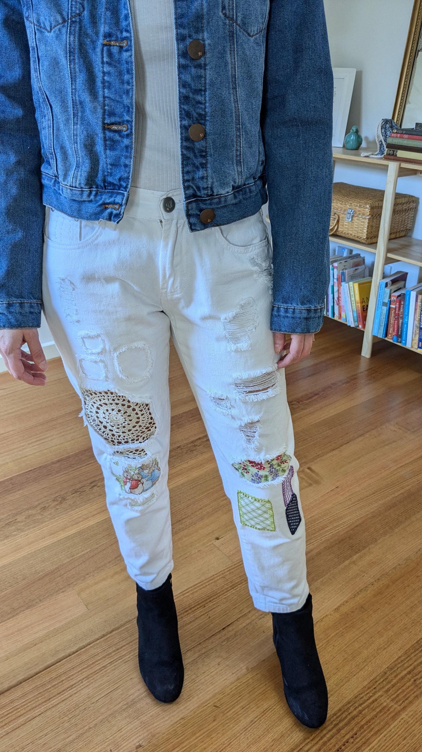 White Mid-Rise Jeans with Colourful Patches & Doily | Size 8 (AU), Petite Fit