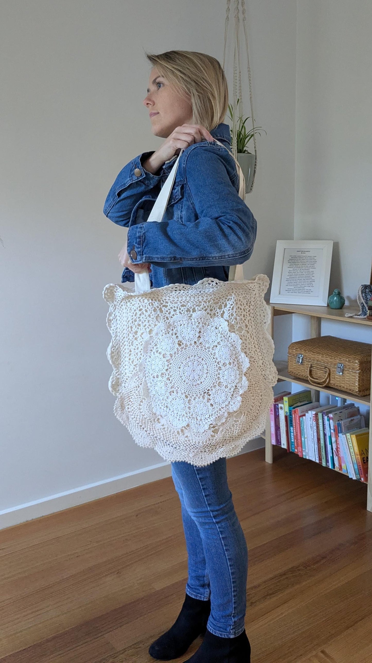 Upcycled Doily Tote Bag – Boho Hippie Shoulder Bag – Vintage Lace Eco Purse