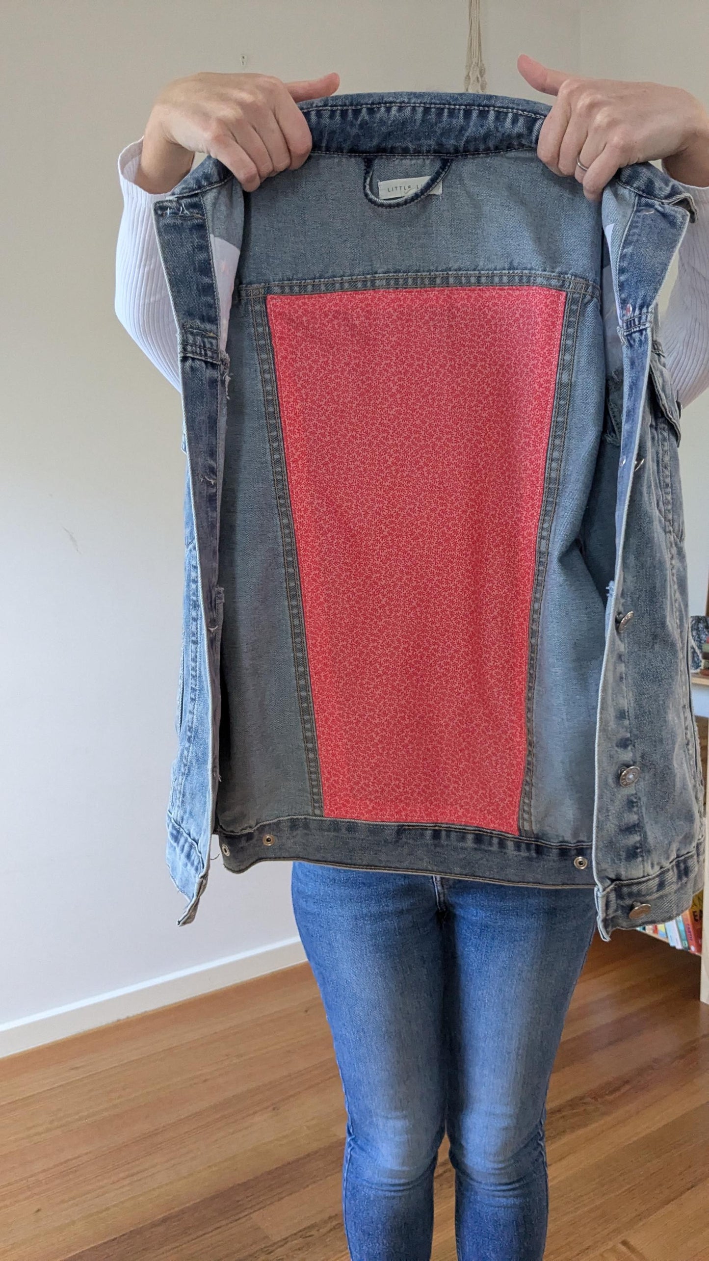 Upcycled Blue Denim Jacket with Patchwork & Embroidered Flowers | Size 10 (AU)