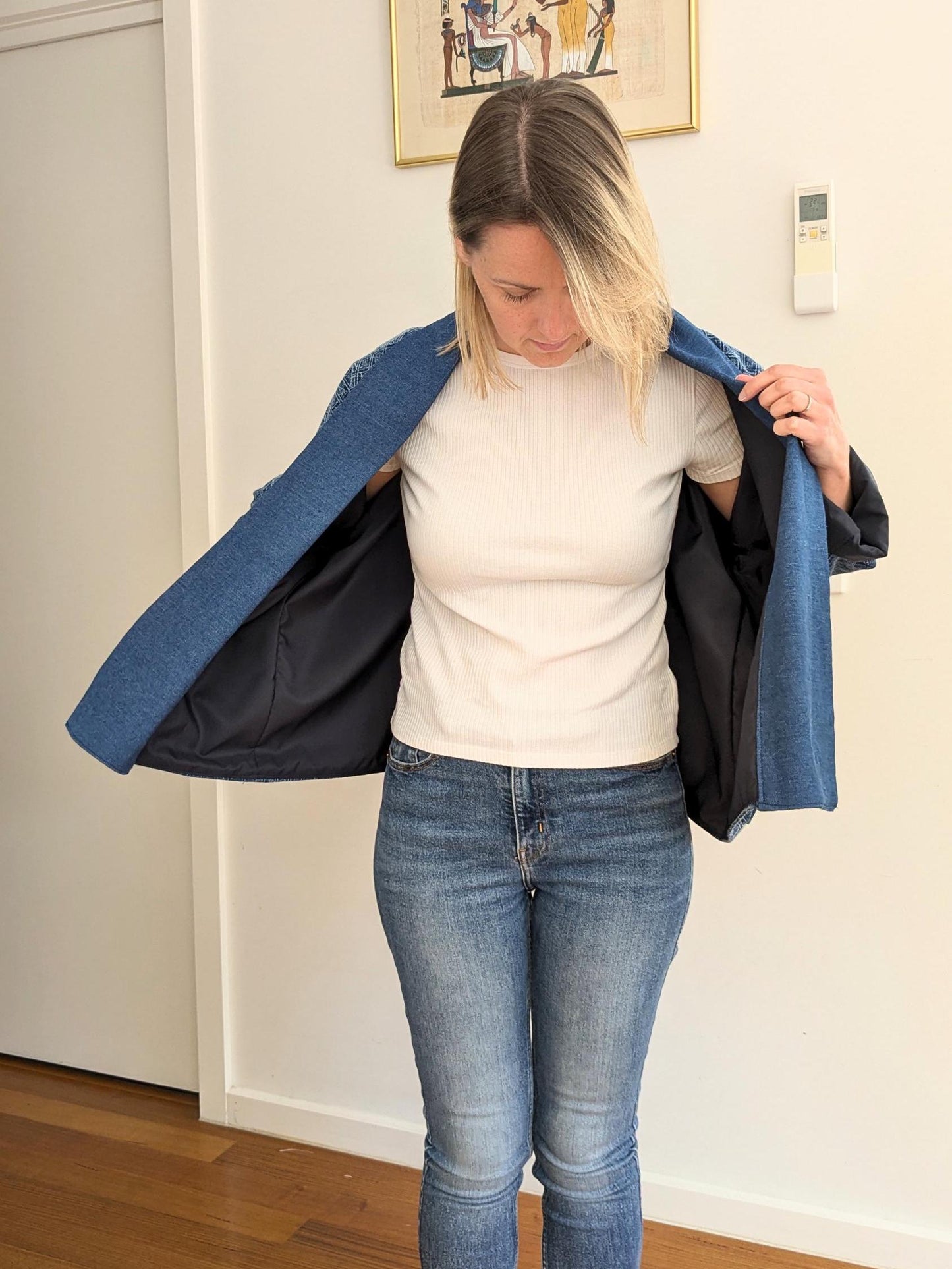 Blue Cotton Kimono-Style Blazer – Handmade Oversized Jacket with Denim Collar | Lightweight Layer | Size S/M