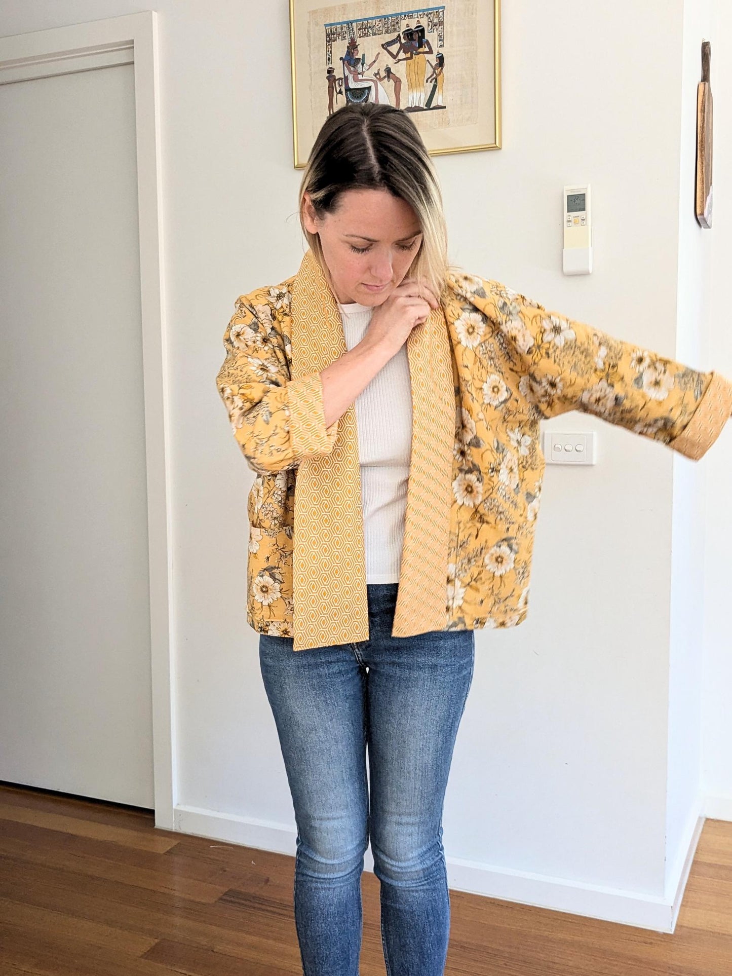 Boho Yellow Floral Kimono Blazer – Handmade Oversized Linen Jacket | Lightweight Lined Coat | Size S/M