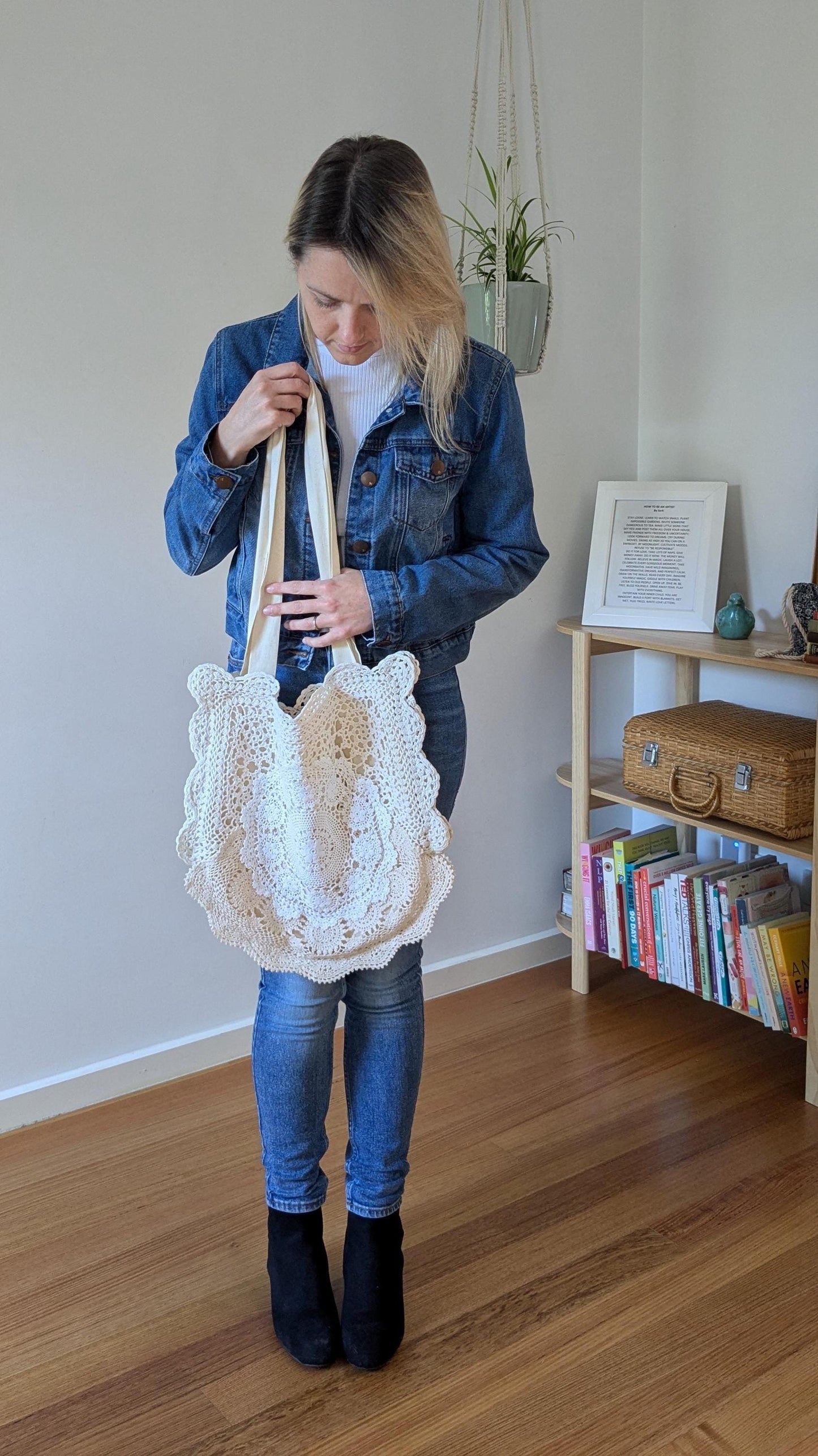 Upcycled Doily Tote Bag – Boho Hippie Shoulder Bag – Vintage Lace Eco Purse