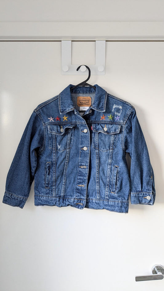 Upcycled Kids’ Levi’s Denim Jacket – Retro Floral Patchwork & Hand Embroidery | Fits 8–10 Years