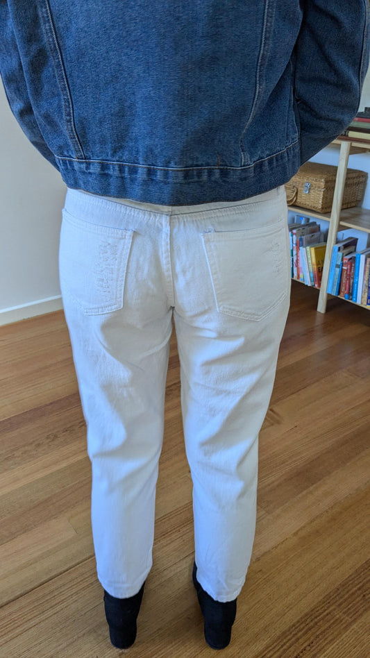 White Mid-Rise Jeans with Colourful Patches & Doily | Size 8 (AU), Petite Fit