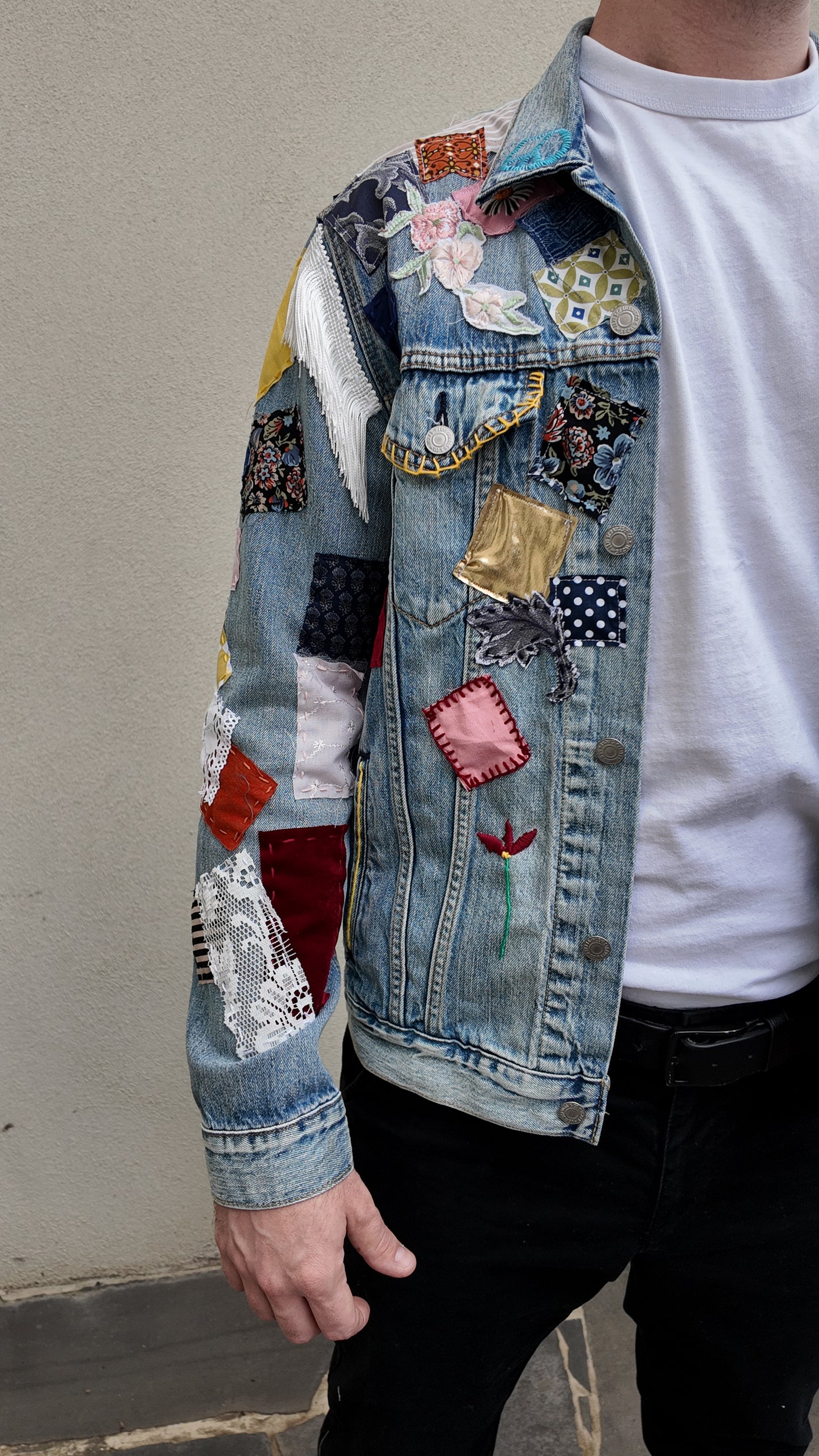 Handmade Bob Dylan Inspired Patchwork Jacket | One of a Kind | Men’s Large | Unisex Sizing | 80s Vintage Movie Inspired | Hand Embroidered
