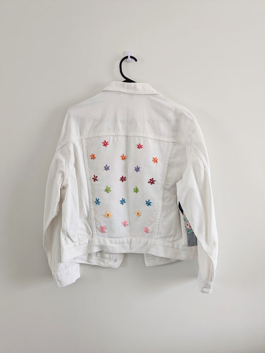 Upcycled Embroidered Denim Jacket – Handmade Patchwork Floral | Size XS