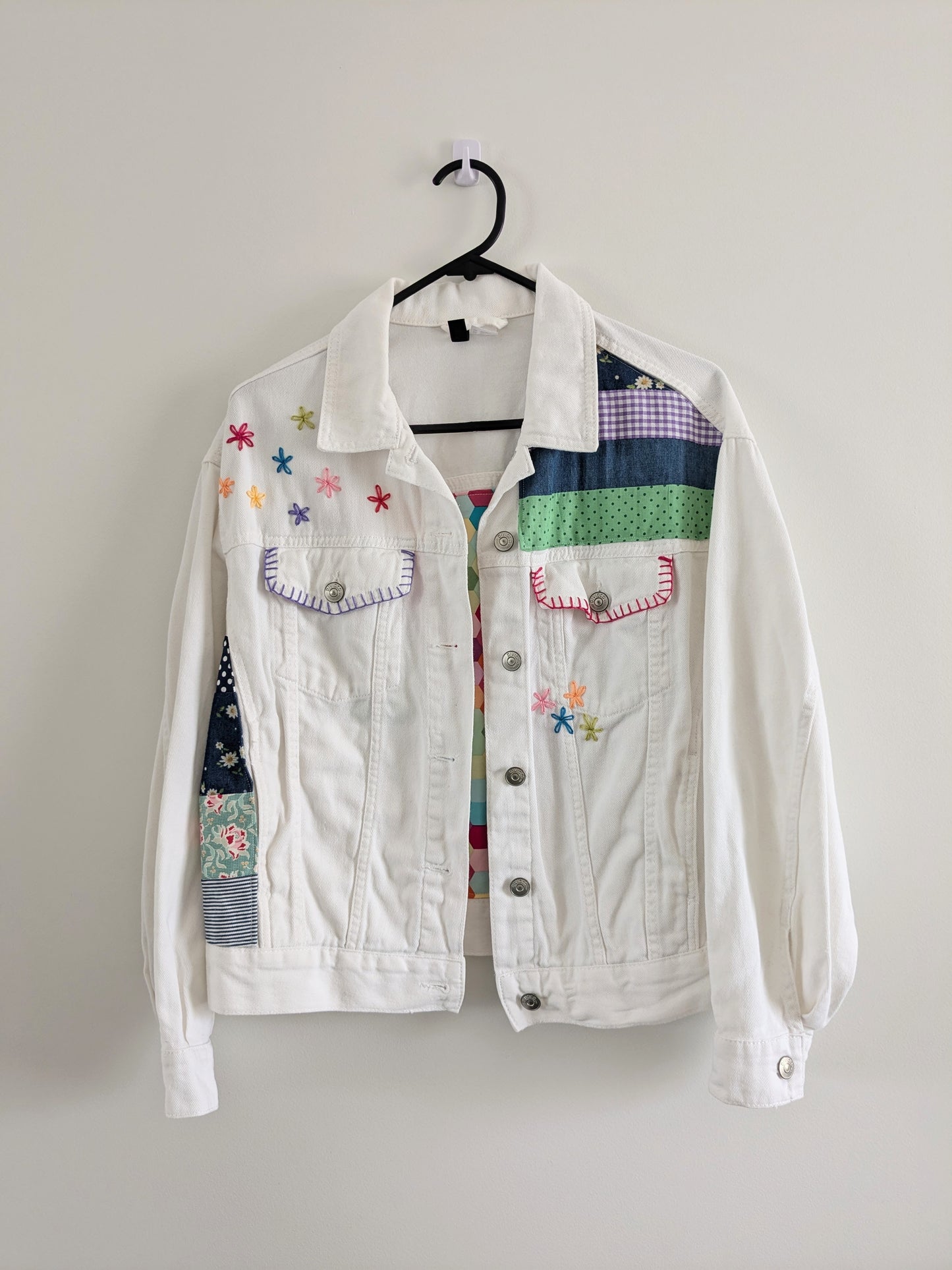 Upcycled Embroidered Denim Jacket – Handmade Patchwork Floral | Size XS