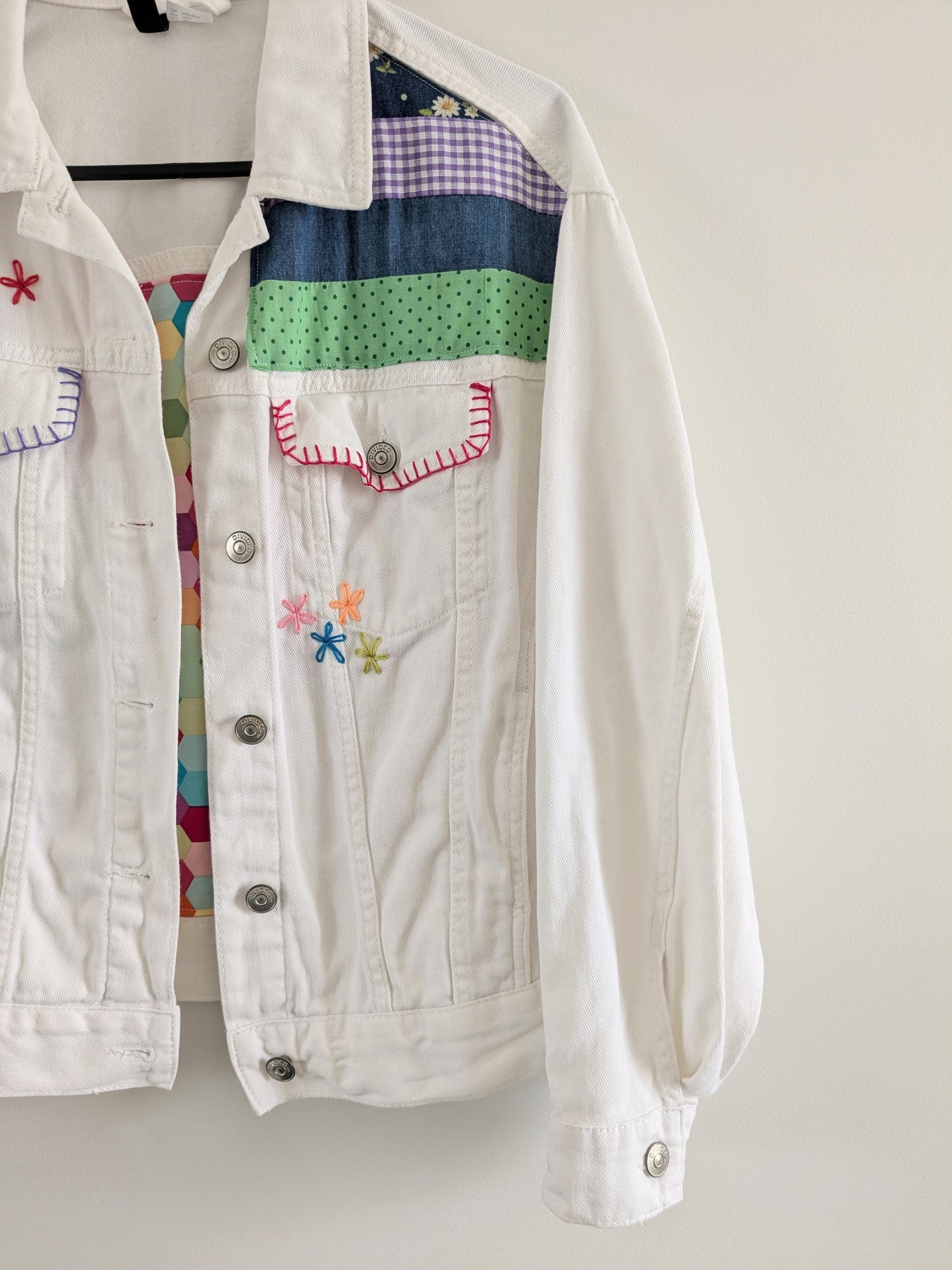 Upcycled Embroidered Denim Jacket – Handmade Patchwork Floral | Size XS