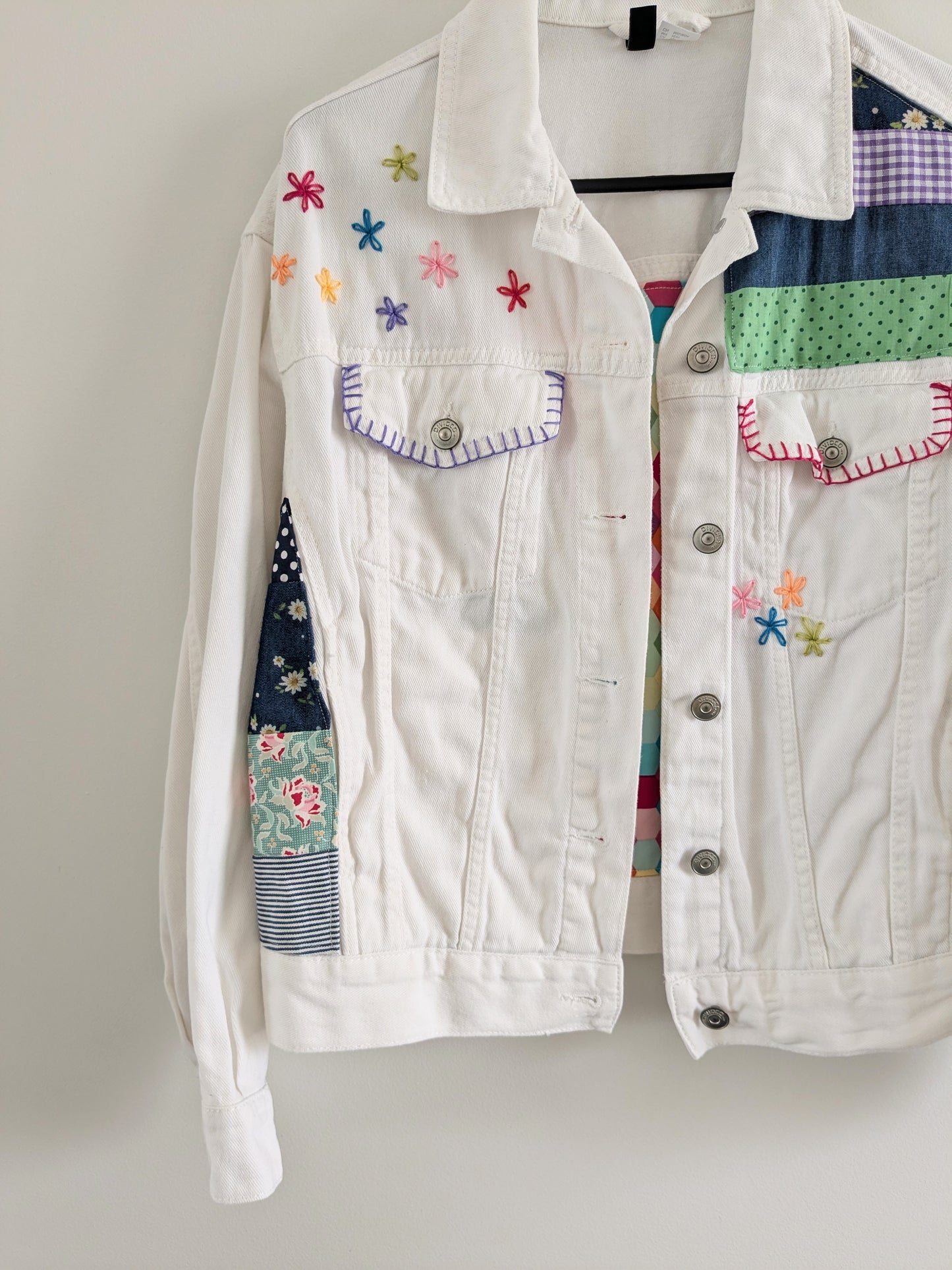 Upcycled Embroidered Denim Jacket – Handmade Patchwork Floral | Size XS