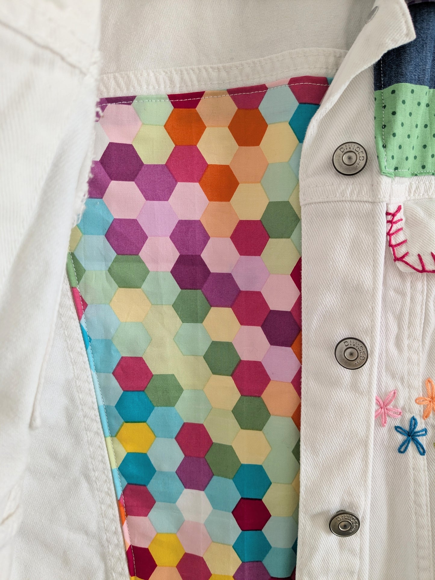 Upcycled Embroidered Denim Jacket – Handmade Patchwork Floral | Size XS