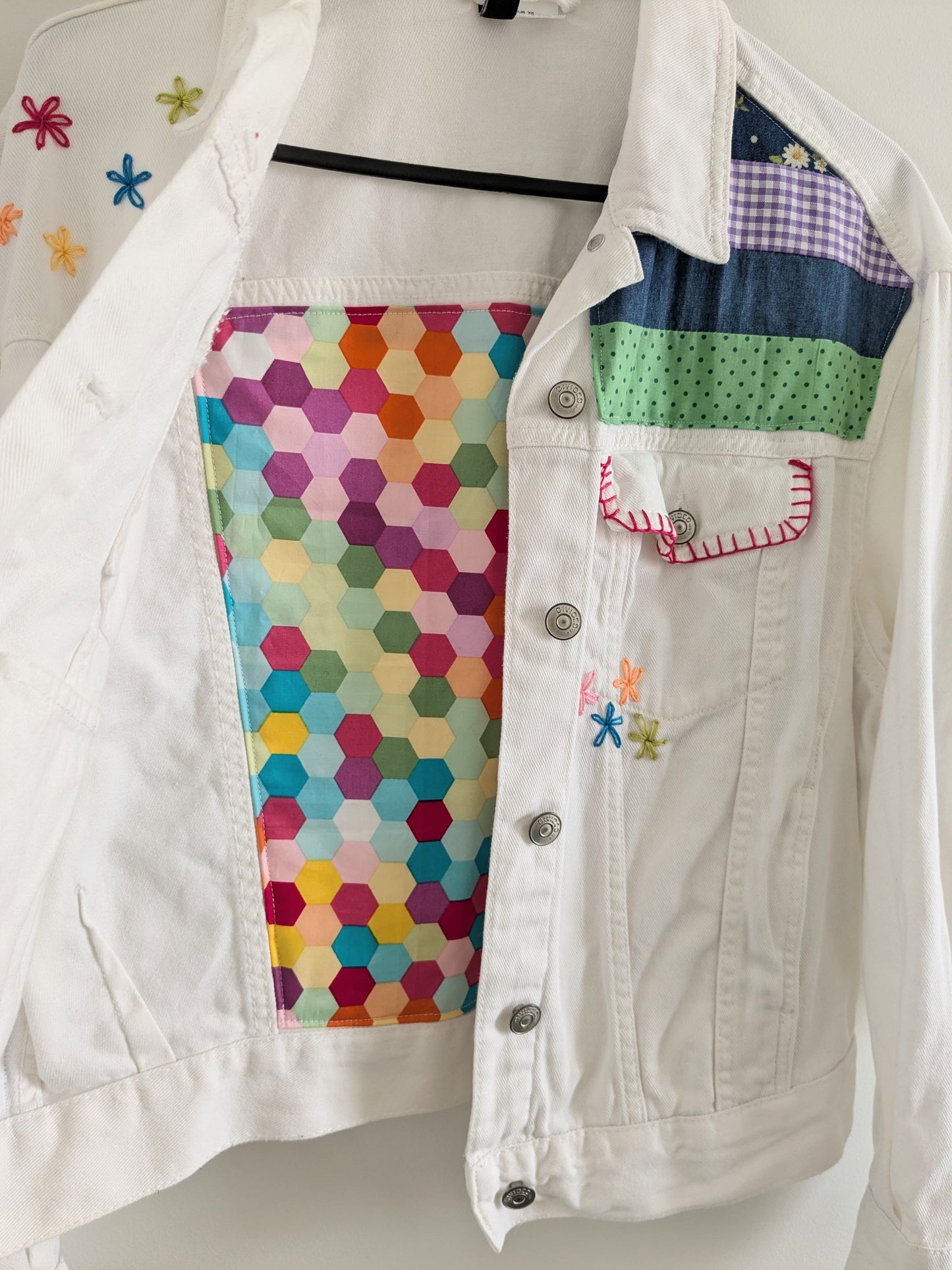 Upcycled Embroidered Denim Jacket – Handmade Patchwork Floral | Size XS