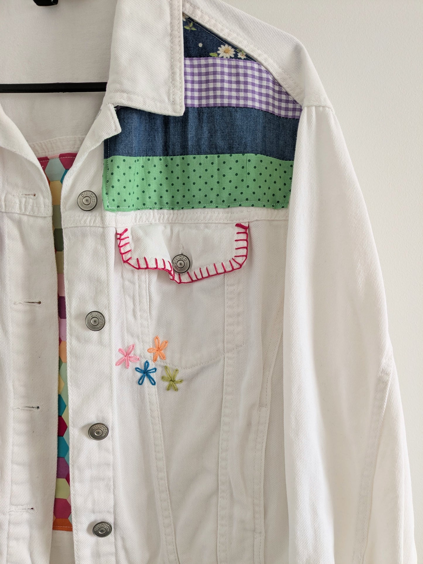 Upcycled Embroidered Denim Jacket – Handmade Patchwork Floral | Size XS