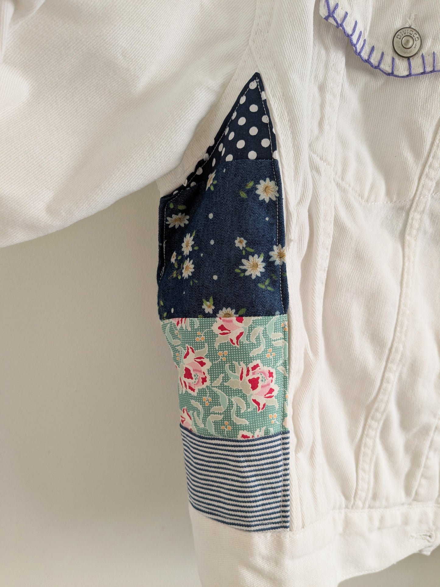 Upcycled Embroidered Denim Jacket – Handmade Patchwork Floral | Size XS