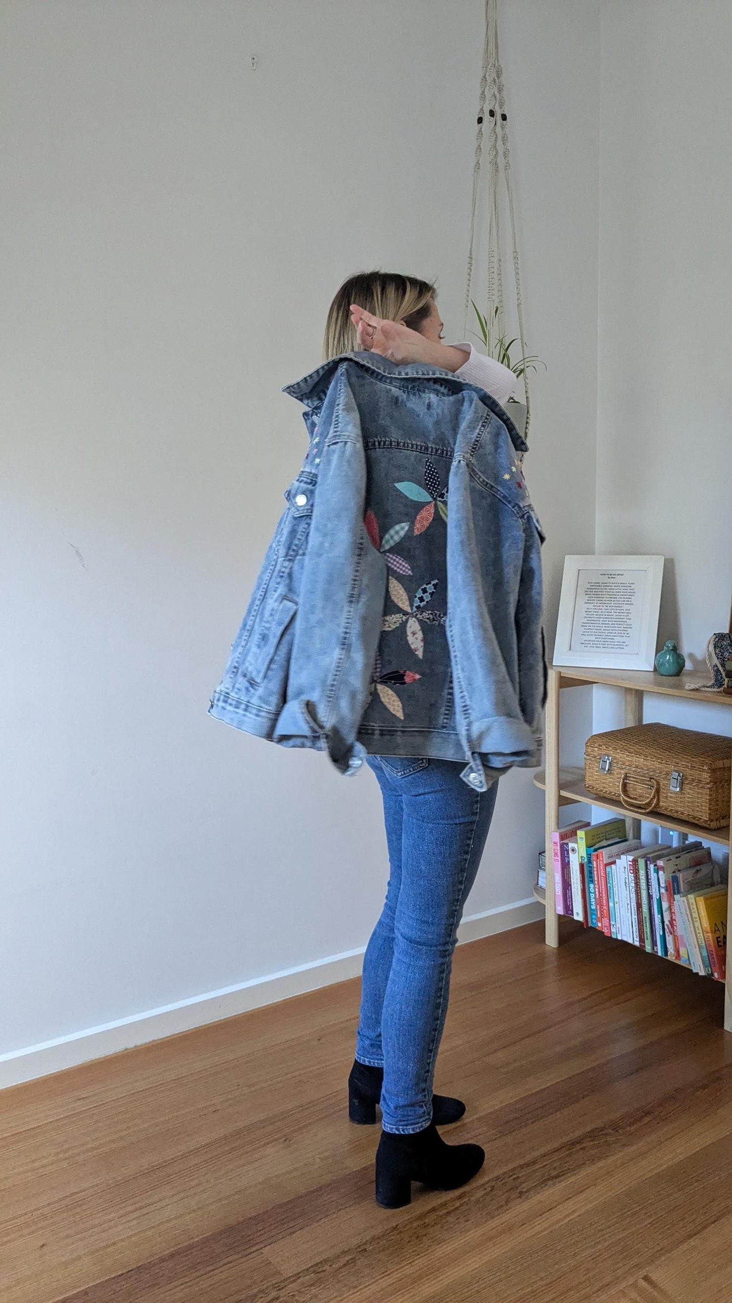 Upcycled Blue Denim Jacket with Patchwork & Embroidered Flowers | Size 10 (AU)