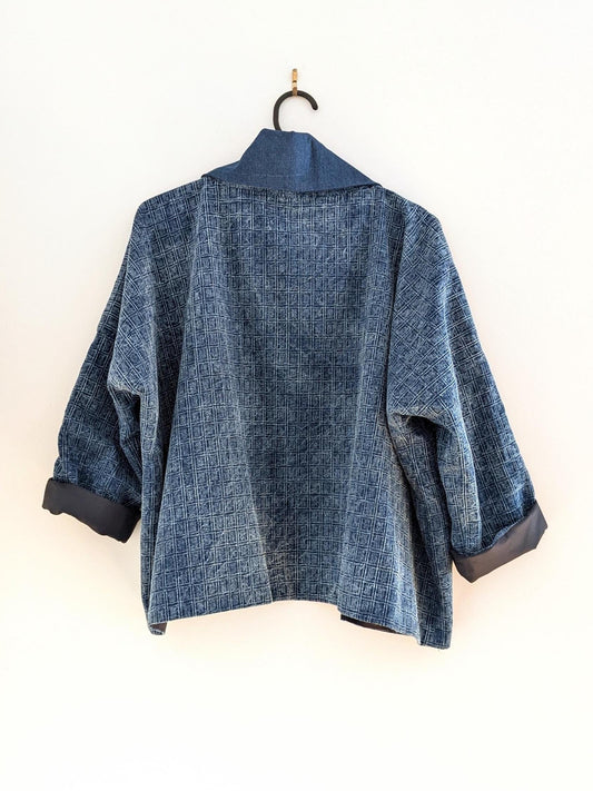 Blue Cotton Kimono-Style Blazer – Handmade Oversized Jacket with Denim Collar | Lightweight Layer | Size S/M