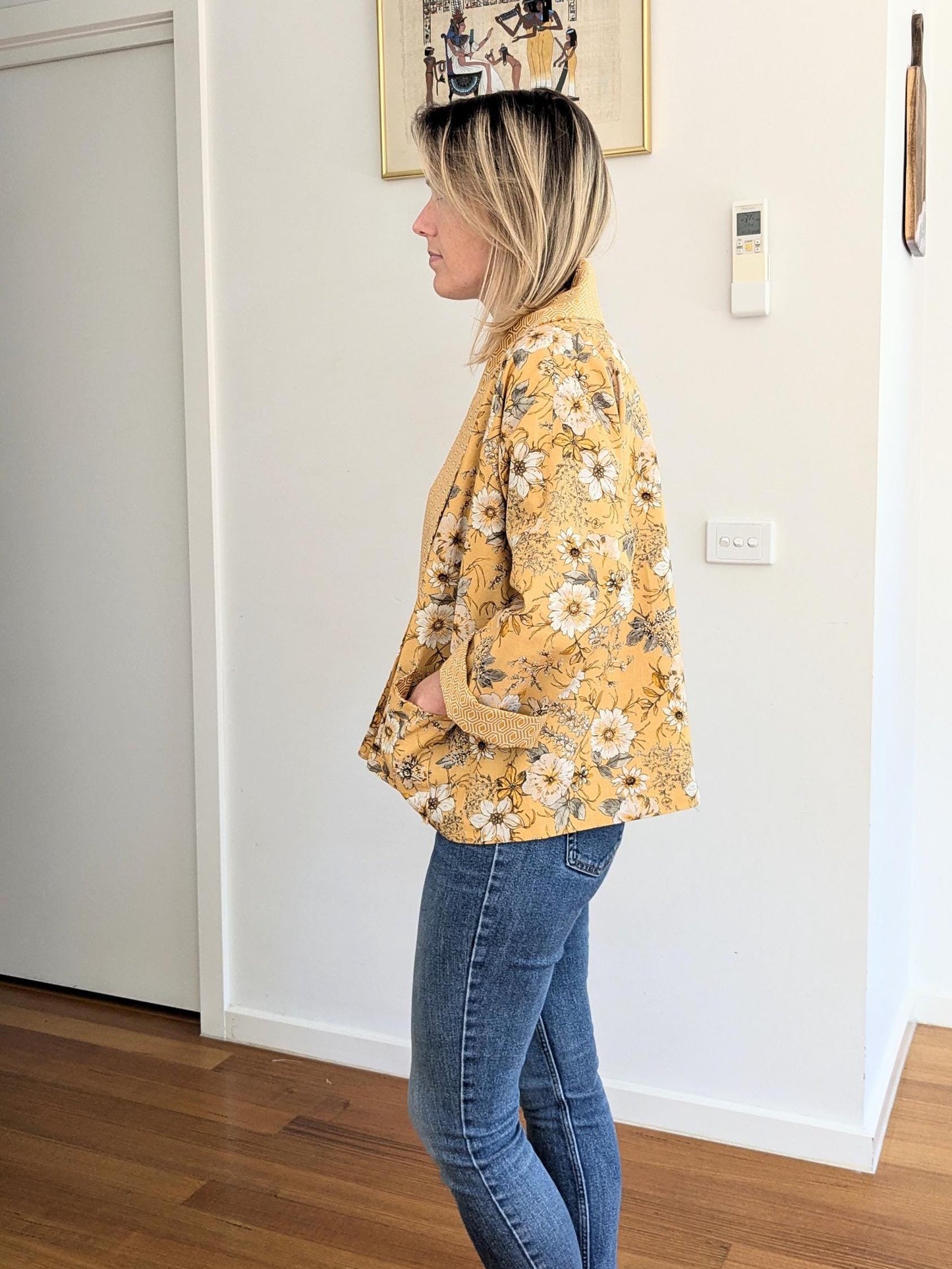 Boho Yellow Floral Kimono Blazer – Handmade Oversized Linen Jacket | Lightweight Lined Coat | Size S/M