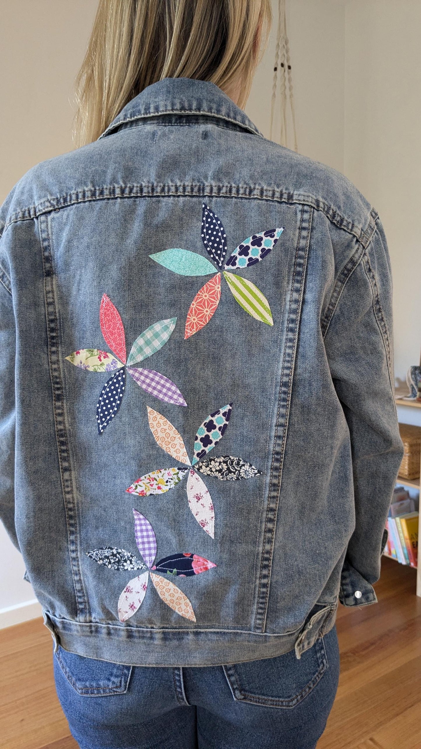 Upcycled Blue Denim Jacket with Patchwork & Embroidered Flowers | Size 10 (AU)