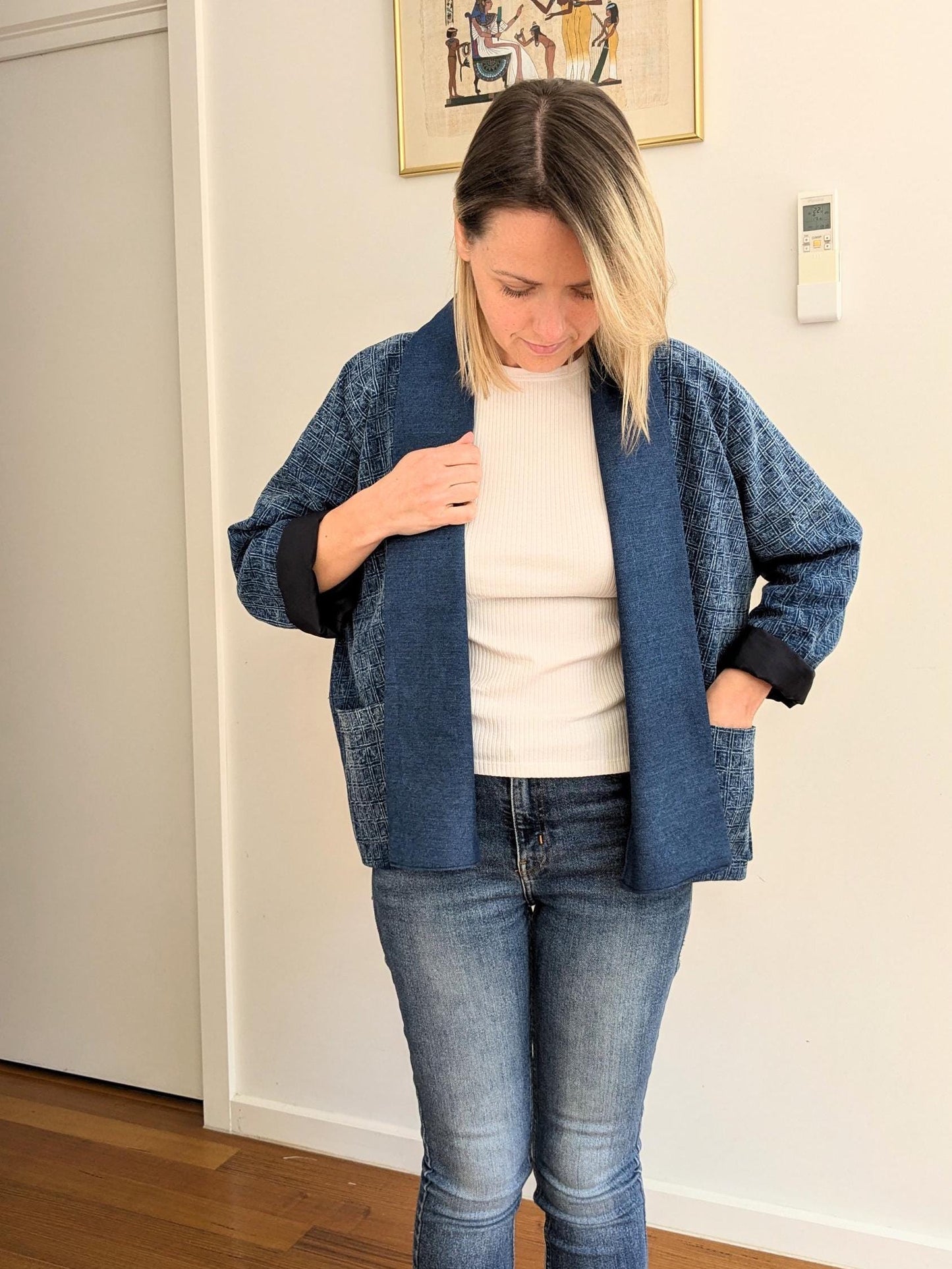 Blue Cotton Kimono-Style Blazer – Handmade Oversized Jacket with Denim Collar | Lightweight Layer | Size S/M