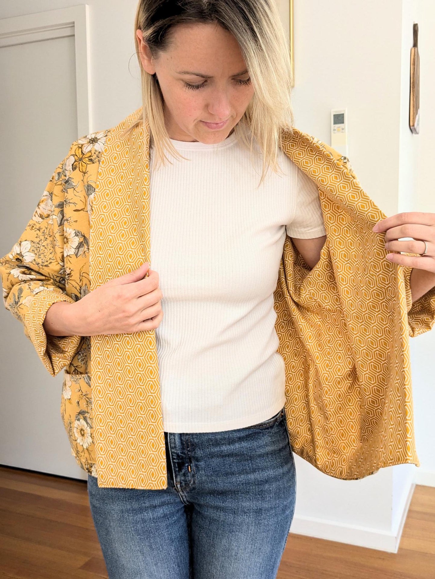 Boho Yellow Floral Kimono Blazer – Handmade Oversized Linen Jacket | Lightweight Lined Coat | Size S/M