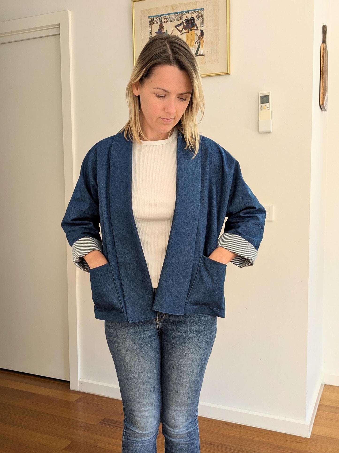 Blue Denim Boxy Blazer – Handmade Oversized Cotton Jacket – Lined Lightweight Coat – Relaxed Kimono-Style Statement Layer – Size S/M