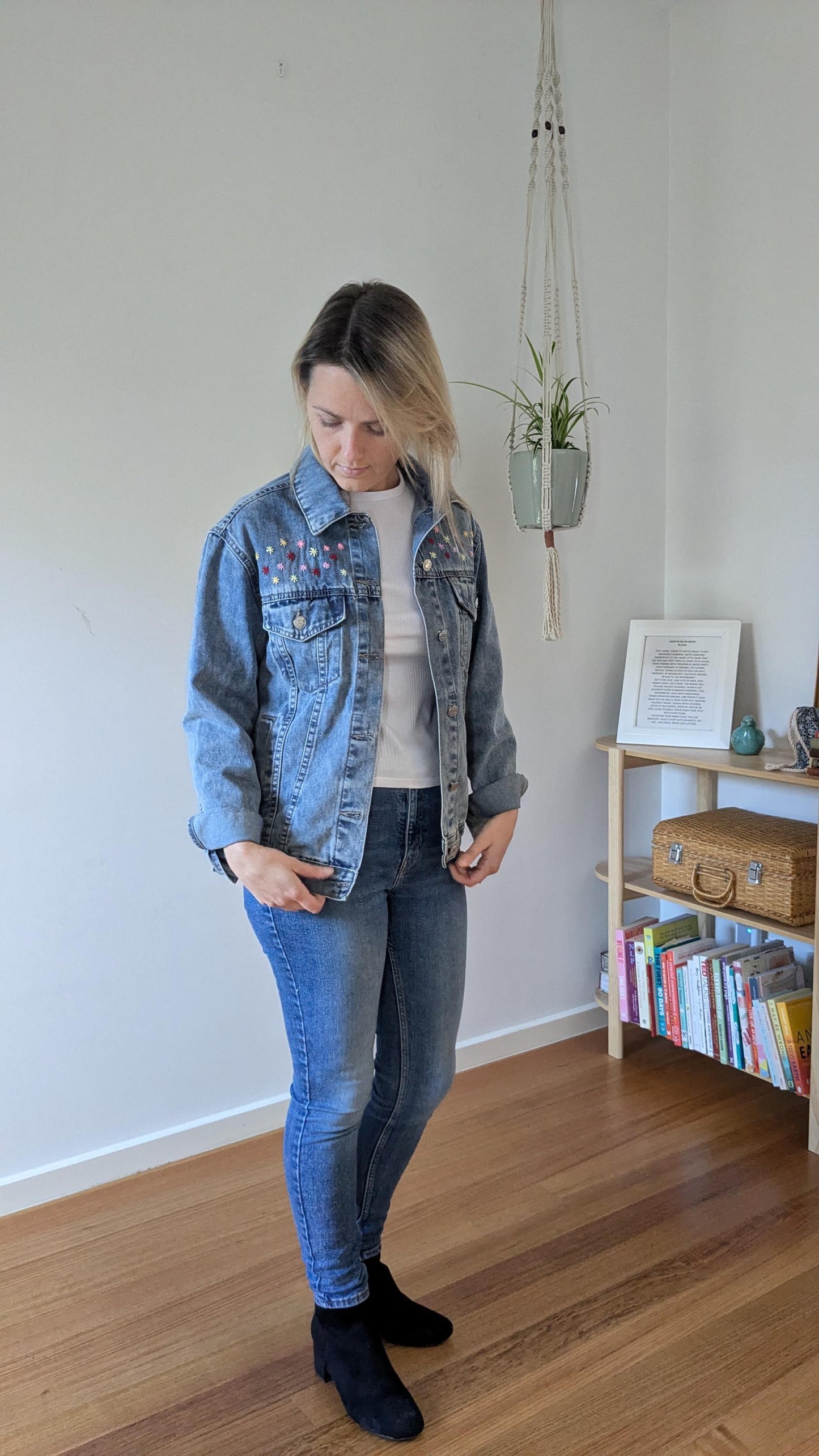 Upcycled Blue Denim Jacket with Patchwork & Embroidered Flowers | Size 10 (AU)