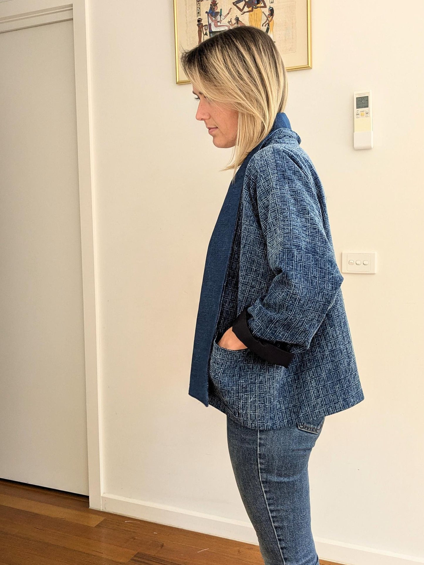 Blue Cotton Kimono-Style Blazer – Handmade Oversized Jacket with Denim Collar | Lightweight Layer | Size S/M
