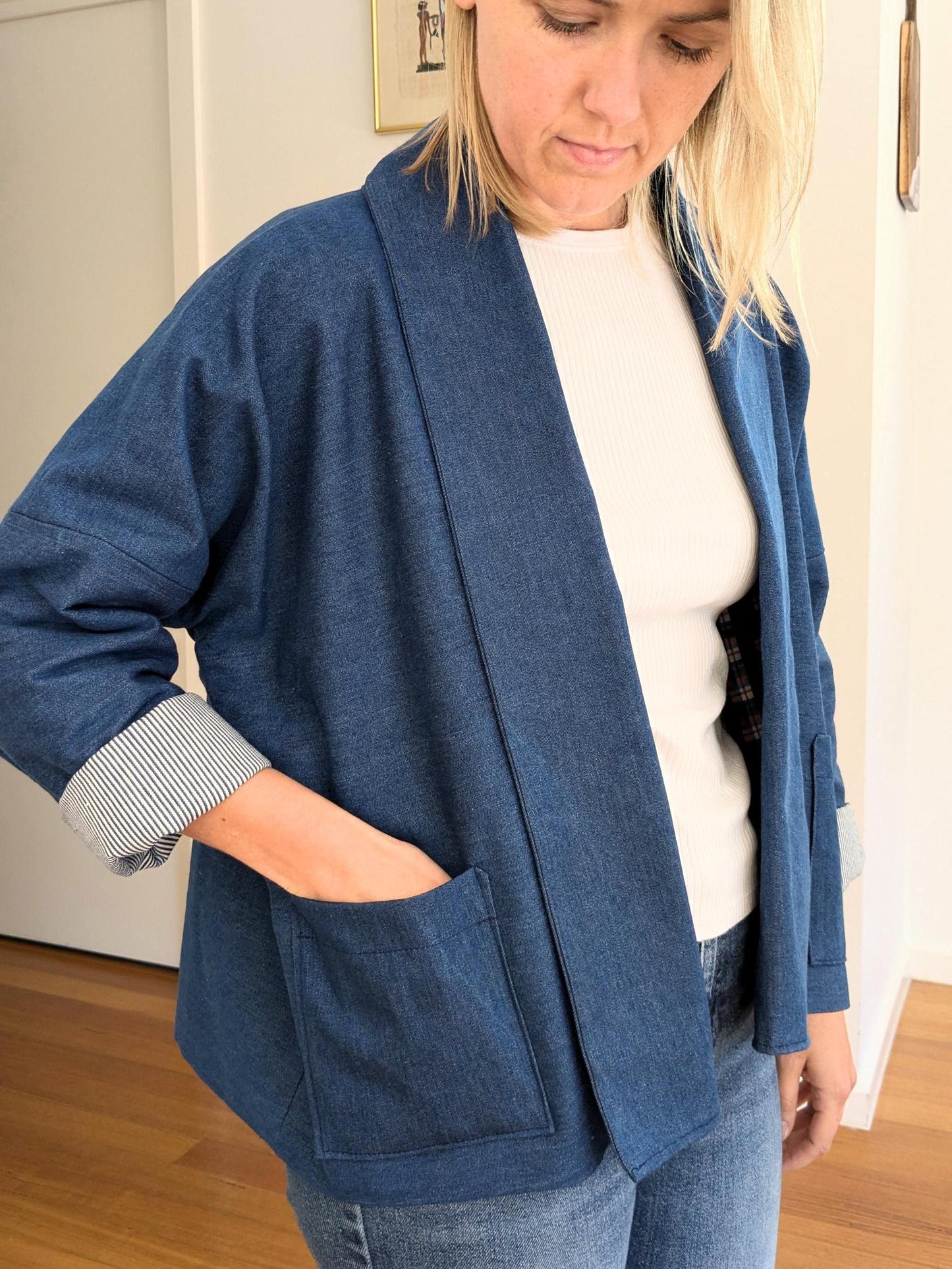 Blue Denim Boxy Blazer – Handmade Oversized Cotton Jacket – Lined Lightweight Coat – Relaxed Kimono-Style Statement Layer – Size S/M