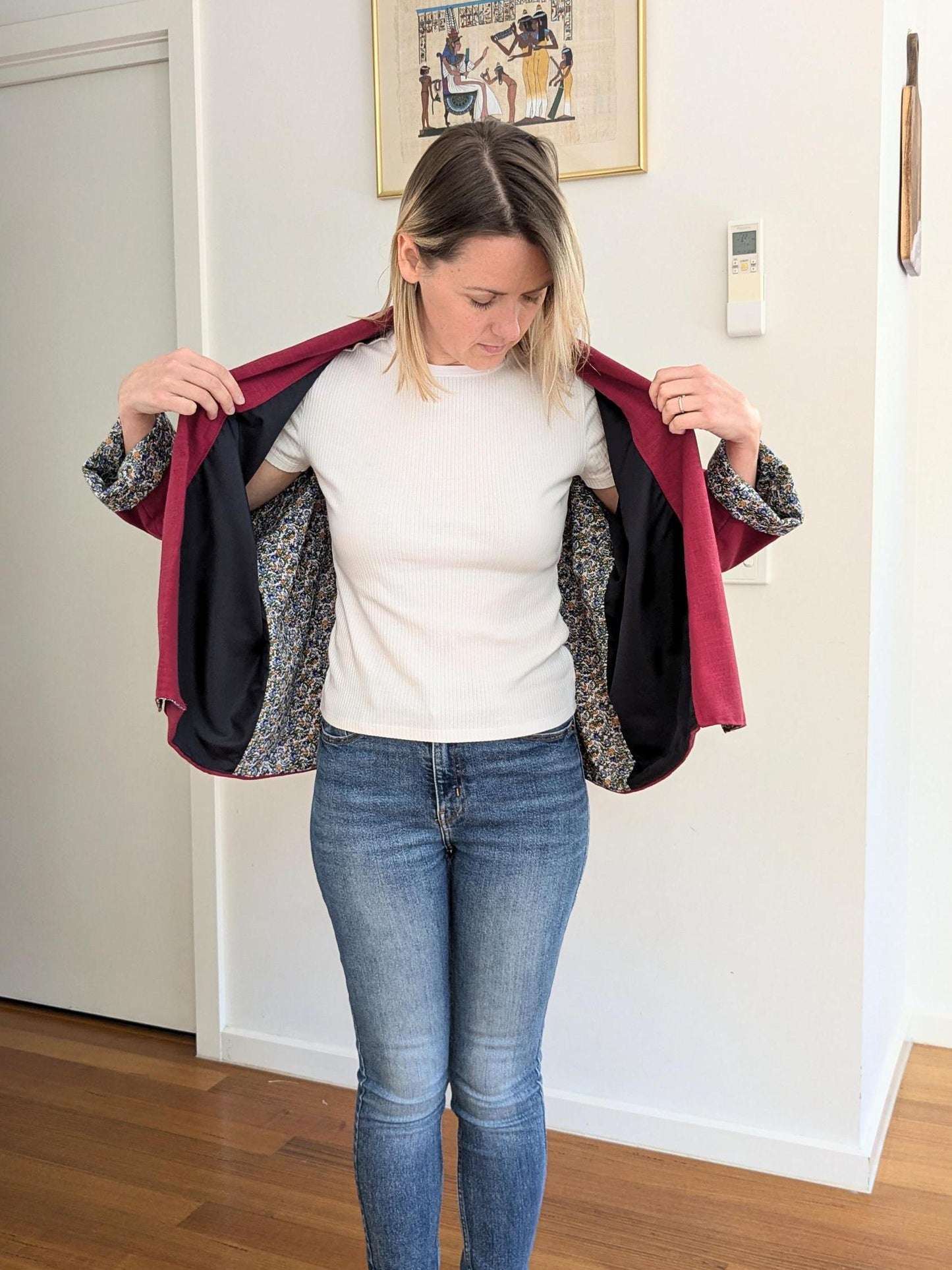 Handmade Burgundy Linen Kimono Jacket – Oversized Blazer | Size S/M