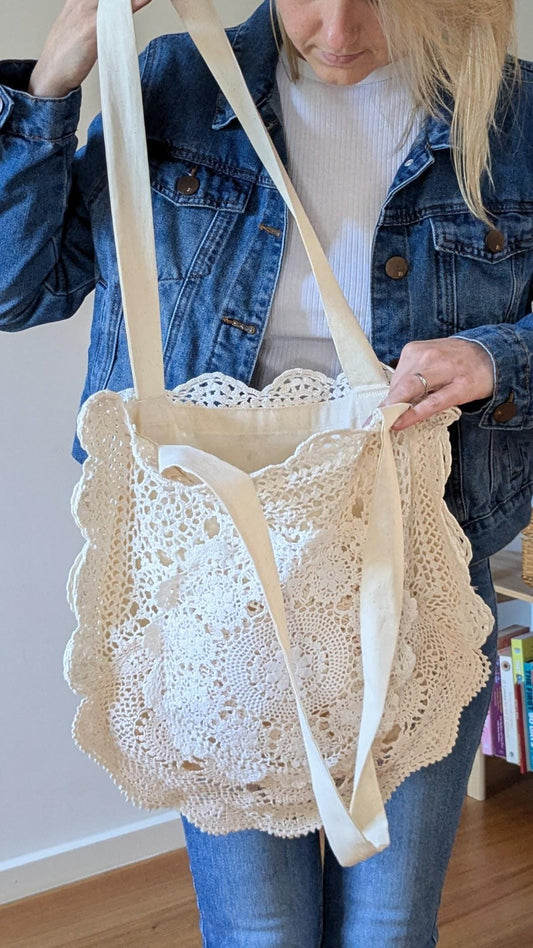 Upcycled Doily Tote Bag – Boho Hippie Shoulder Bag – Vintage Lace Eco Purse